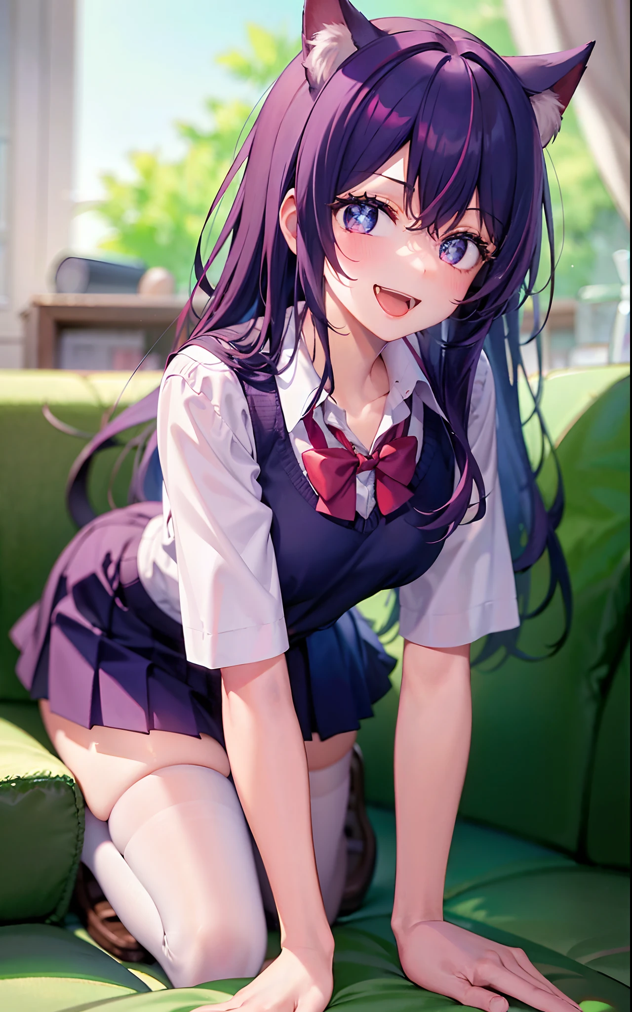 1girll，（（There is a five-pointed star in the eye））Gorgeous Hair in Long Purple，Smile，Open mouth，JK school uniform，Blushlush，Cat ears，sofe，sitting in the couch，all  fours，white stockings，Be red in the face