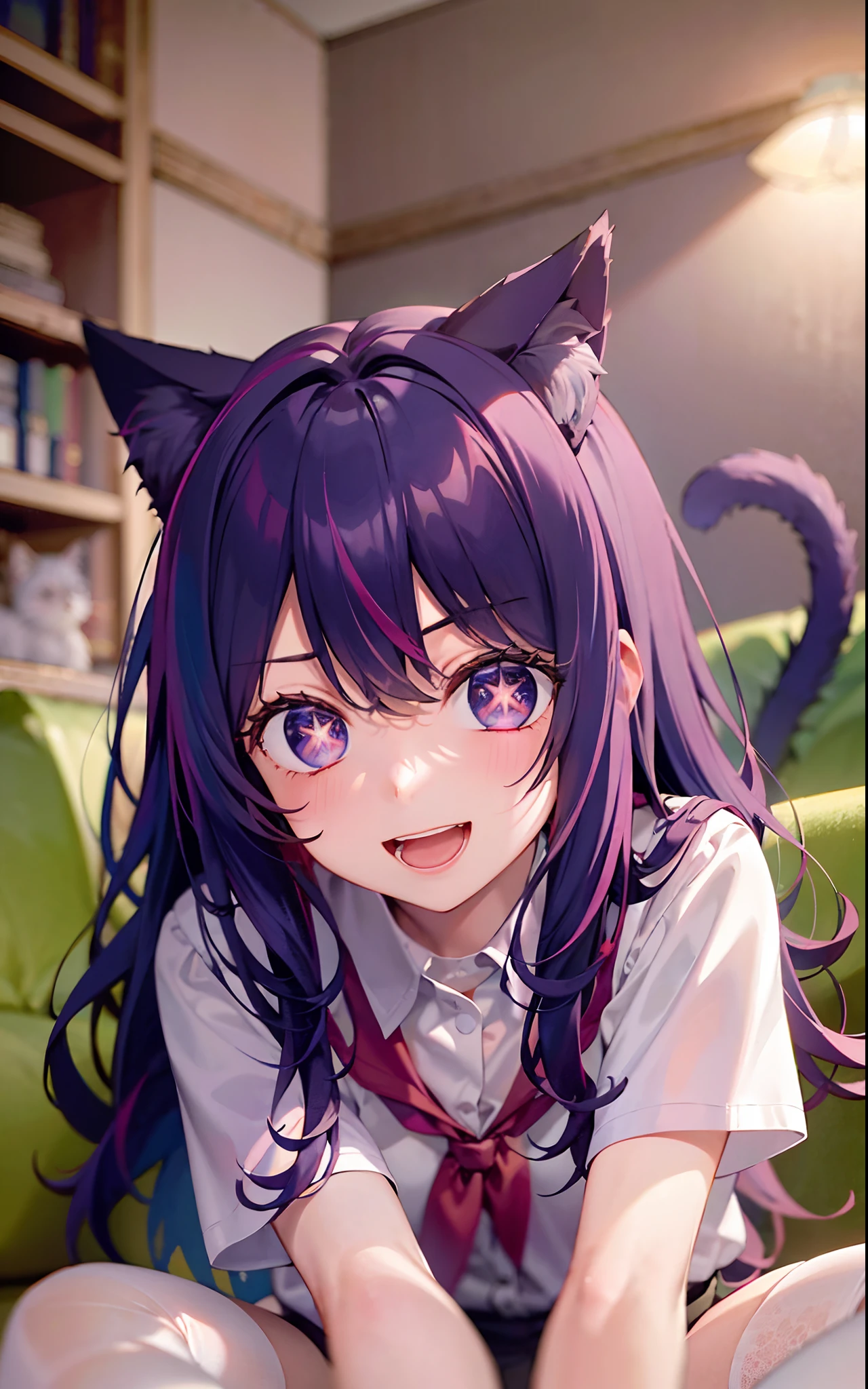 1girll,((There is a five-pointed star in the eye))Gorgeous Hair in Long Purple,Smile,Open mouth,JK school uniform,Blushlush,Cat ears,sofe,sitting in the couch,all fours,white stockings,Be red in the face