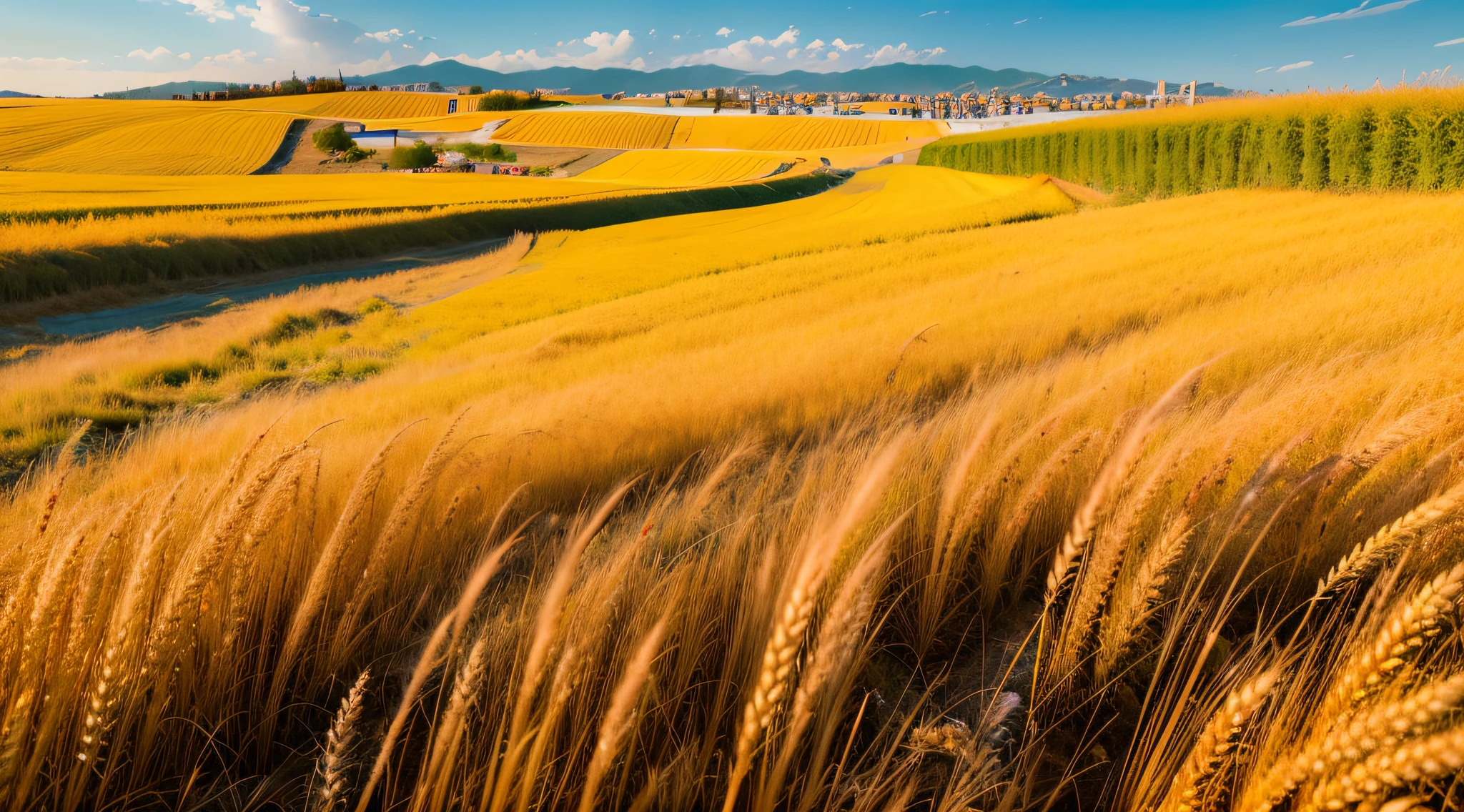 A rural town in Liqiu,Vast,photorealestic,There are golden wheat fields next to it,a warm color palette