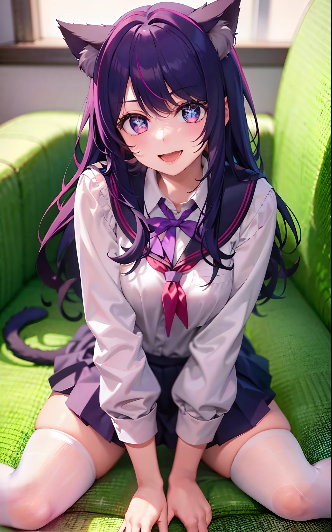 1girll,((There is a five-pointed star in the eye))Gorgeous Hair in Long Purple,Smile,Open mouth,JK school uniform,Blushlush,Cat ears,sofe,sitting in the couch,all fours,white stockings,Be red in the face