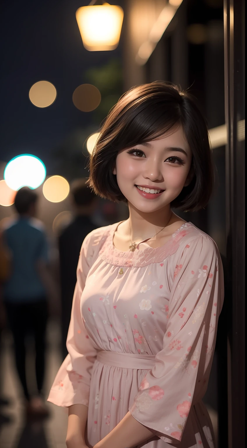 Malay girl (mira filzah:0.9) short hair wear small floral baju kurung in college, nighttime, laughing, happy, bright lighting, college student in background, blur background, bokeh,