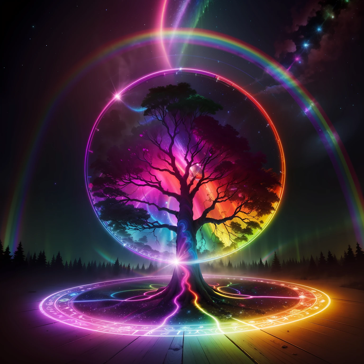 a rainbow colored tree in the middle of a circle with a bright light, colorful aura, cosmic tree of life, cosmic tree, ethereal rainbows, mystical colors, beautiful spectrum of vibrancy, rainbow aurora, magical tree, cosmic and colorful, magical colors and atmosphere, rainbow reflection, magical colours and atmosphere, magic world. colorful, rainbow lighting, colorful picture, colorful glow