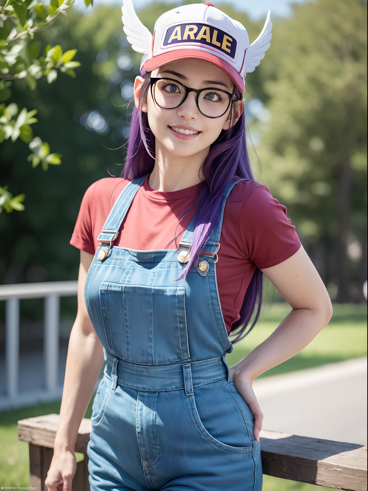 (masterpiece, best quality:1.4), (standing:1.5), (from back) (dynamic pose), 1girl, solo, (european youth:1), arale, glasses, blue eyes, long hair, purple hair, short sleeves, wing hat, red cap, (with the word "ARALE":1), (wing cap:1.5), red shirt, blue overalls, looking at viewer, beautifull smile, beautiful face, highly detailed face, highly detailed eyes, highly detailed skin, skin pores, subsurface scattering, realistic pupils, full face blush, full lips, detailed background, depth of field, volumetric lighting, sharp focus, absurdres, realistic proportions, good anatomy, (realistic, hyperrealistic:1.4), 16k hdr,