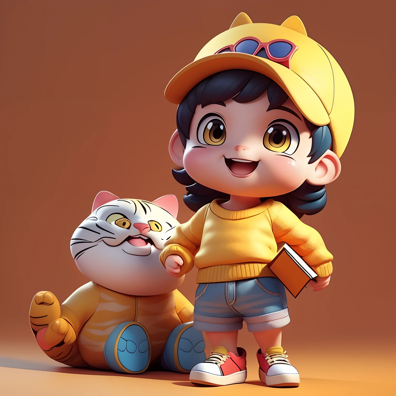 Cute little tiger，(cartoonish style+Humanoid)，(yellow sweater+Cute shoes)，waving and smiling，in one hand Holding a book，(3D rendering of+C4D production)，(IP image design)，full bodyesbian，tchibi。