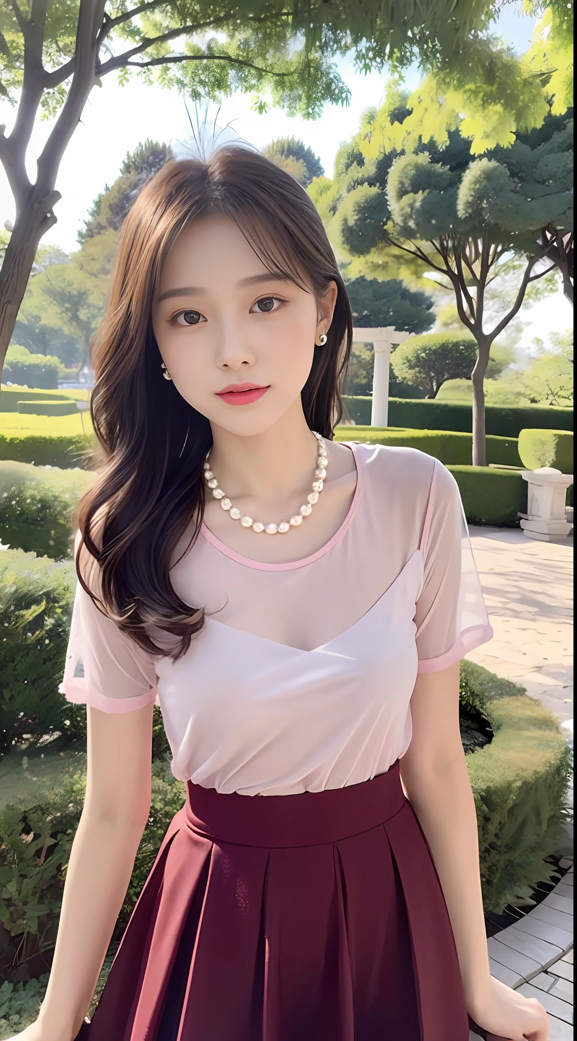hentail realism,18 years old beautiful and cute girl, tmasterpiece, Best quality at best，pearls necklace， A delicate and beautiful girl，exteriors，gazebo，trpical garden，a skirt，Sexy girl，Pink slightly sheer T-shirt，Close-up of the doppelganger，（Pose），Little Red Book photo style，medium breasts，see-through