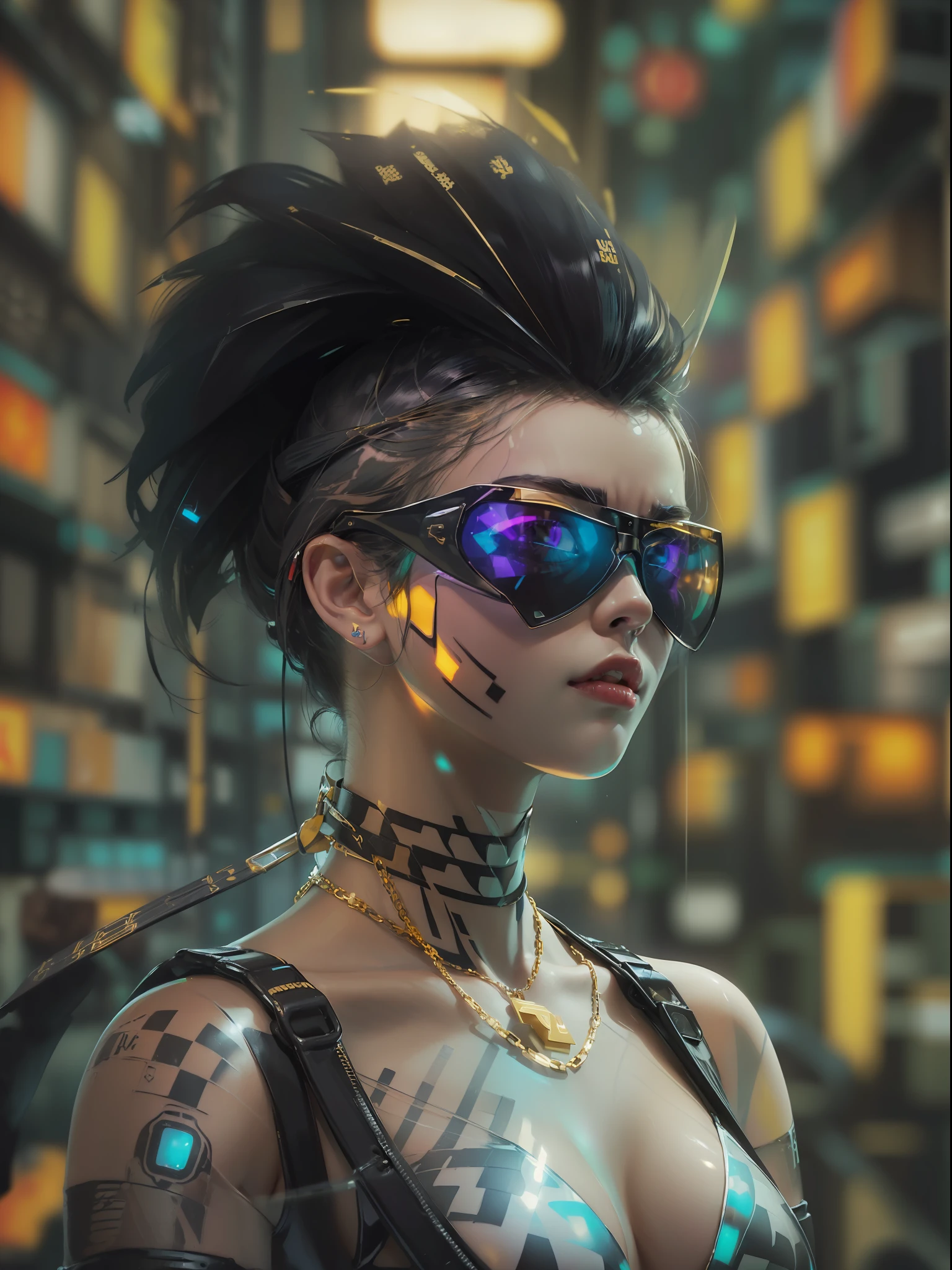 (((Perfect camera shot of a incredibly beautiful girl with a funky cool black mohawk and a black crow is sitting on her shoulder))), (((mouth slightly opened))), (((large fashion style black sunglasses))), ((busy nyc street scene)) ((futuristic cyberspace helmet)), best image quality, masterpiece, super high resolution, (fidelity:1.4), photo, (((1 girl))) dim, ((darkness)), movie, ((translucent futuristic checkerboard cyber outfit and clothes:1.5)), (translucent clothes:1.4), ((cyberpunk)), cyber gear, ((robot)) cyber tech and wires)), (((overly large hanging breasts))), ((perfect and sharp facial features)), ((portrait)), (((dynamic shot))), ((perfect body)), (award winning super realistic photo), (((extremely tight transparent skimpy bikini))), colourful, vibrant, ((gorgeous perfect multicoloured reflective glowing eyes)), (((extremely studded))), ((street graffiti words wall art)), ((repetitive checkerboard patterns)), (((Japanese samurai tattoos))), ((heavy metal)), (((electric guitar and many super thick rap artist chrome gold chain jewellery)))