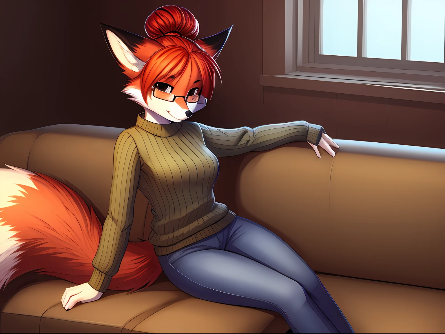 1girl, solo, best quality, by chochi, auntie vixen, red fur, red hair, hair bun, glasses, black ear tips, single tail, properly positioned tail, black furred hands and legs, khaki sweater, blue jeans, sitting, in house, on couch