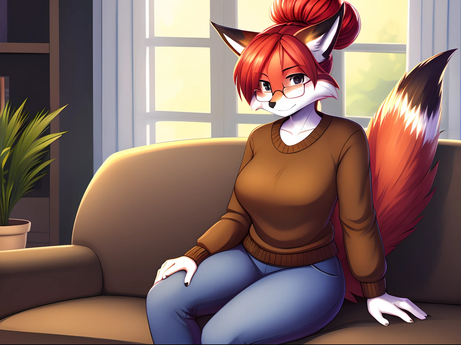 1girl, solo, best quality, by chochi, auntie vixen, red fur, red hair, hair bun, glasses, black ear tips, single tail, properly positioned tail, black furred hands and legs, khaki sweater, blue jeans, sitting, in house, on couch