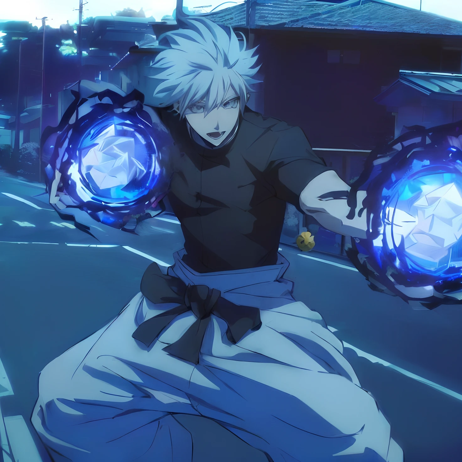 anime character with white hair holding two blue orbs in his hands, an epic anime of a energy man, nagito komaeda, killua zoldyck, this character has cryokinesis, nagito komaeda from danganronpa, in the anime film, killua zoldyck black hair, white haired deity, anime character