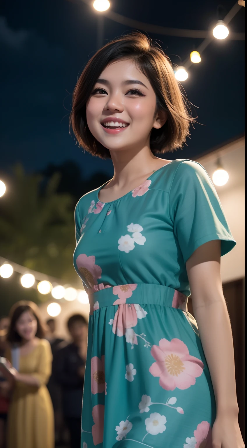 Malay girl (mira filzah:0.9) short hair wear small floral baju kurung in college, nighttime, laughing, happy, bright lighting, college student in background, blur background, bokeh,