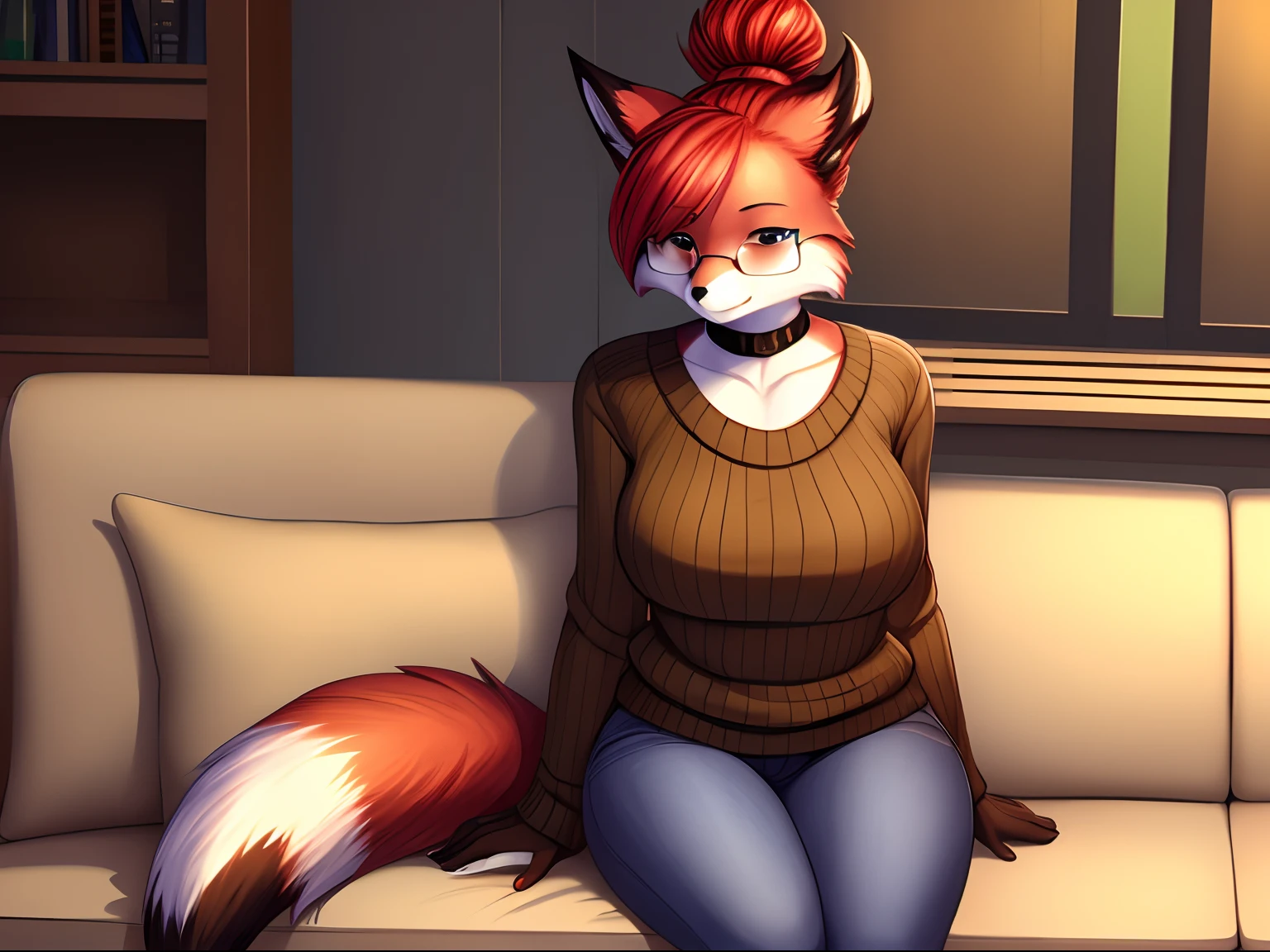 1girl, solo, best quality, by chochi, auntie vixen, red fur, red hair, hair bun, glasses, black ear tips, single tail, properly positioned tail, black furred hands and legs, khaki sweater, blue jeans, sitting, in house, on couch