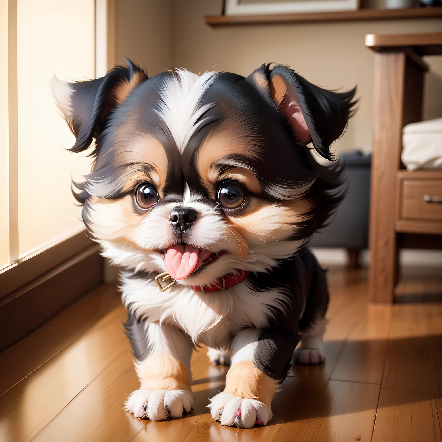 There was a small dog sitting on the floor，Stick out her tongue,Cute dog, Shih Tzu, is a stunning, small dog, pet animal, adolable, beautiful photograph,  o cachorrinho, Portrait shooting, kawaii cute dog, Puppies, happy dog, proud look，inside in room