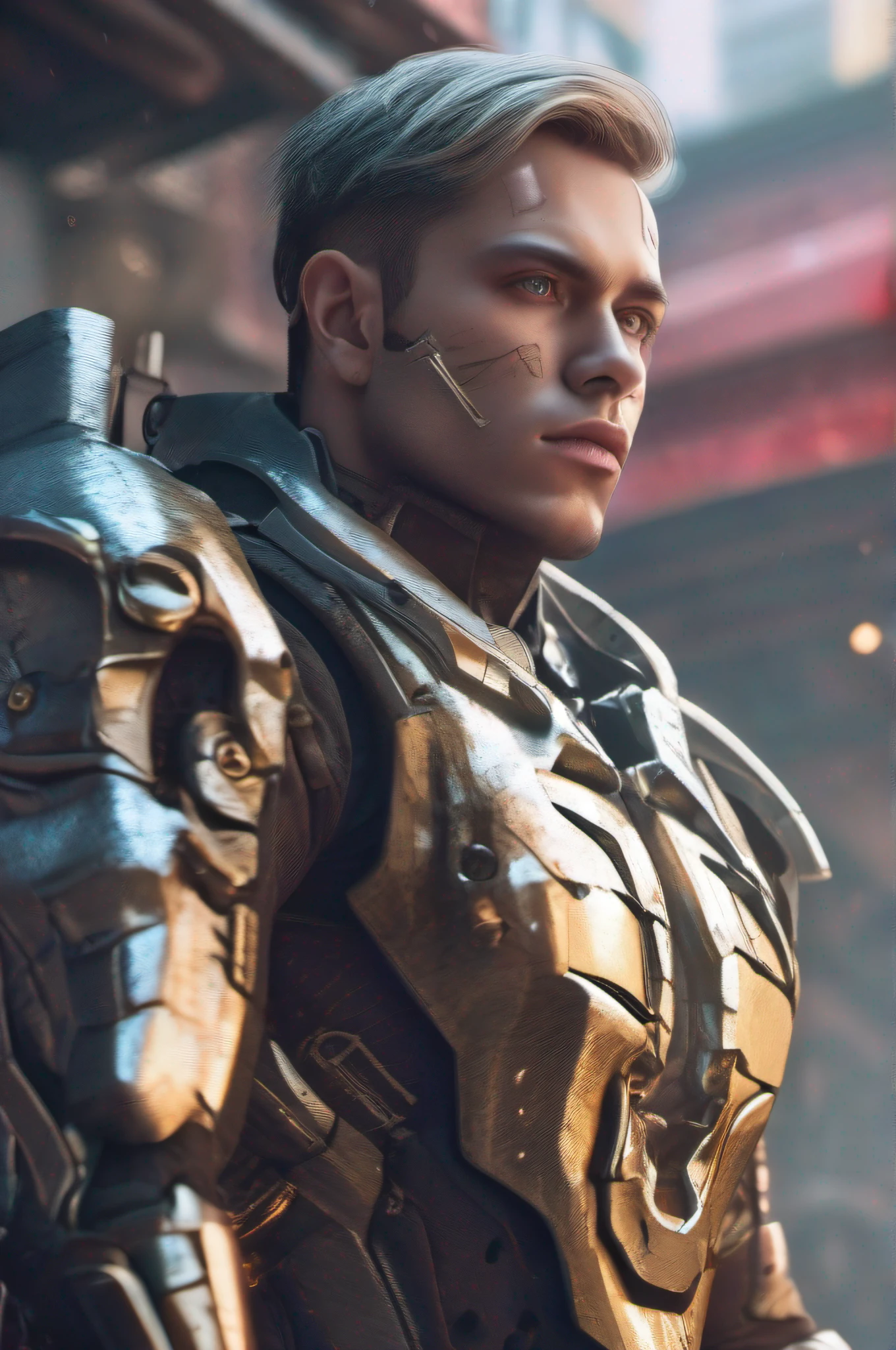 Medium view photo of sexy male cyborg wearing scratched and tarnished futuristic armor in destroyed futuristic city, fantasy, Sci-fi, beautiful male face, Seductive, Sexual, Mist, Vivid and seductive eyes, Best quality masterpiece, Photorealistic, Detailed, 8K, hdr, Shallow depth of field, nguanglf, High contrast, back lit lighting, full bloom, glittery, color difference, Sharp focus, RAW color photo