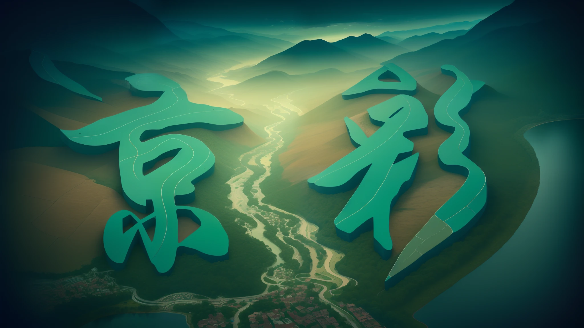 viewed from bird's-eye,Overlooking,mountain peaks,rios,Meandering,Clouds,(Complicated details),hdr,(Complicated details,hyperdetailed:1.2),Cinema lenses,Vignette,at centre