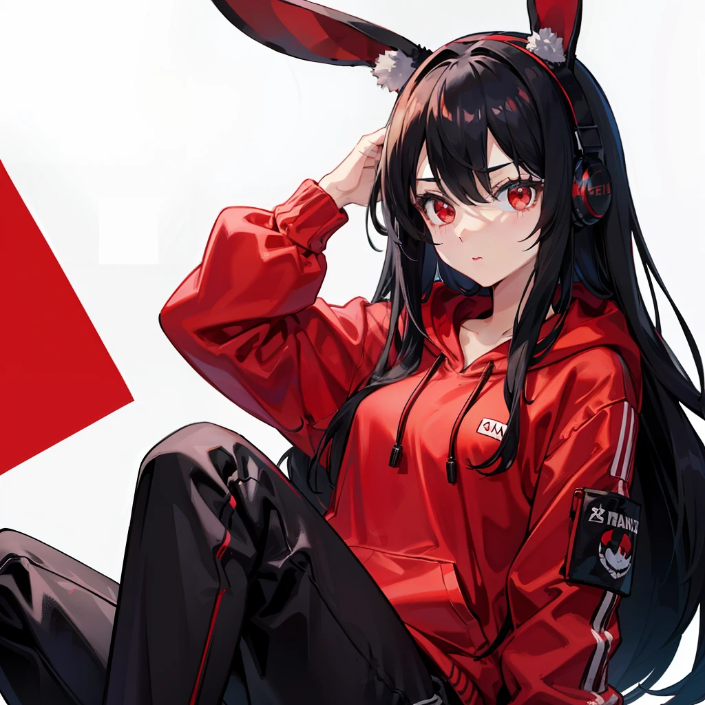 1girl,black hair,straight hair,red eyes,headset,bunny ears,red hoodie,black pants,expressionless,