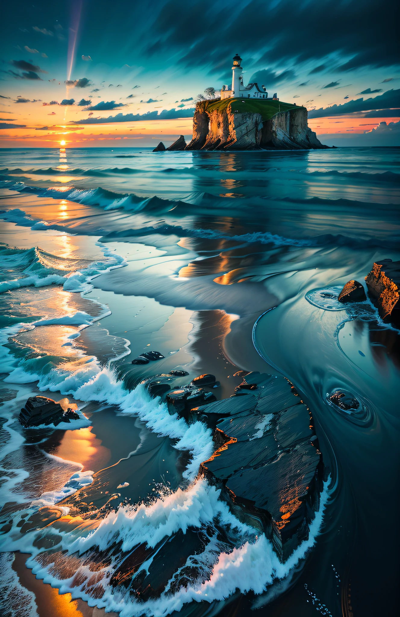 An enchanting coastal panorama during the "blue hour," where the sky is painted in deep shades of blue and the tranquil waters reflect the fading twilight. Frame the shot with a picturesque lighthouse standing proudly on a rocky promontory, its light casting a gentle beam across the water's surface. Use a tripod for long exposure to capture the serene mood and create a silky-smooth texture on the waves. Employ a fast prime lens wide open (e.g., f/1.8) to capture the subtle play of light and shadow on the lighthouse's intricate details