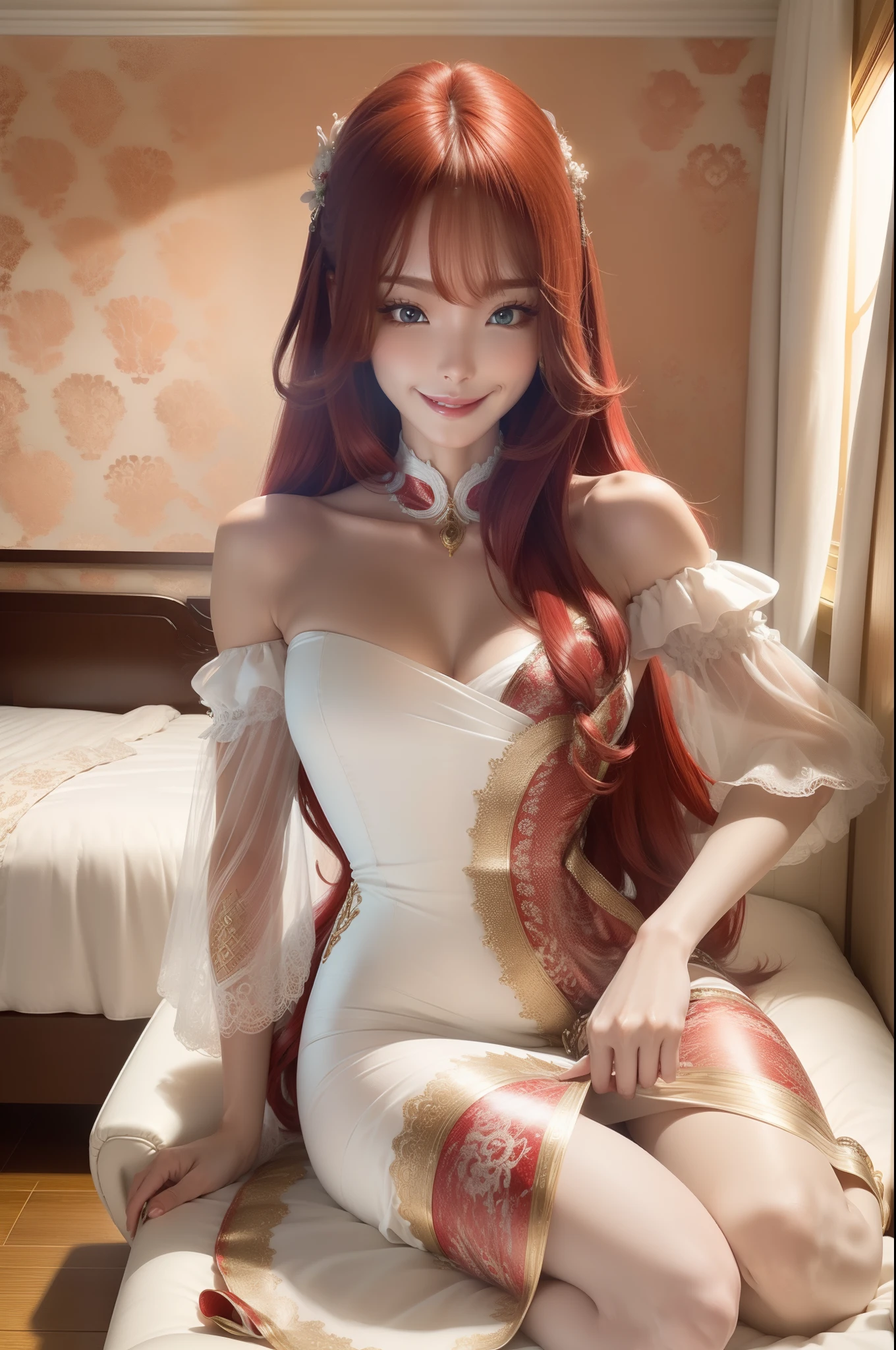 tmasterpiece,best qualtiy,offcial art,8k wallpaper,The is very detailed,Red long-haired,Beautiful curves,White skin of the,slim toned body,Ultra-delicate face,Elaborate Eyes,ssmile,Redlip,二重まぶた,Gentle gaze,looking at viewert