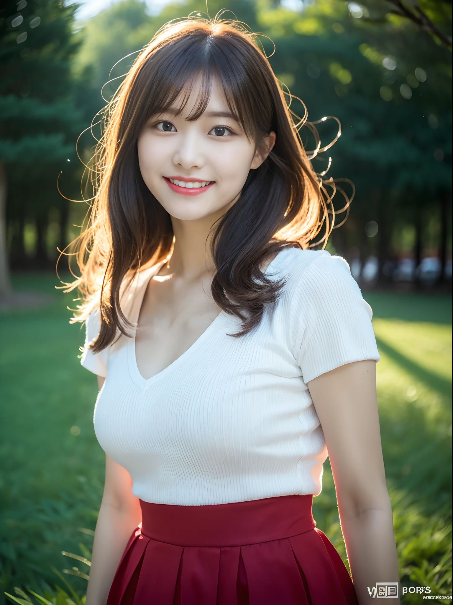 (8k, RAW photo, best quality, masterpiece: 1.2), (realistic, photorealistic photo: 1.37), professional lighting, photon mapping, light energy transfer, big breasts, slightly fat, korean girl, rape flower, top, long skirt, sneakers, highly detailed face and skin texture, fine eyes, double eyelids, whitening skin, long hair, (shut up: 1.3), smile