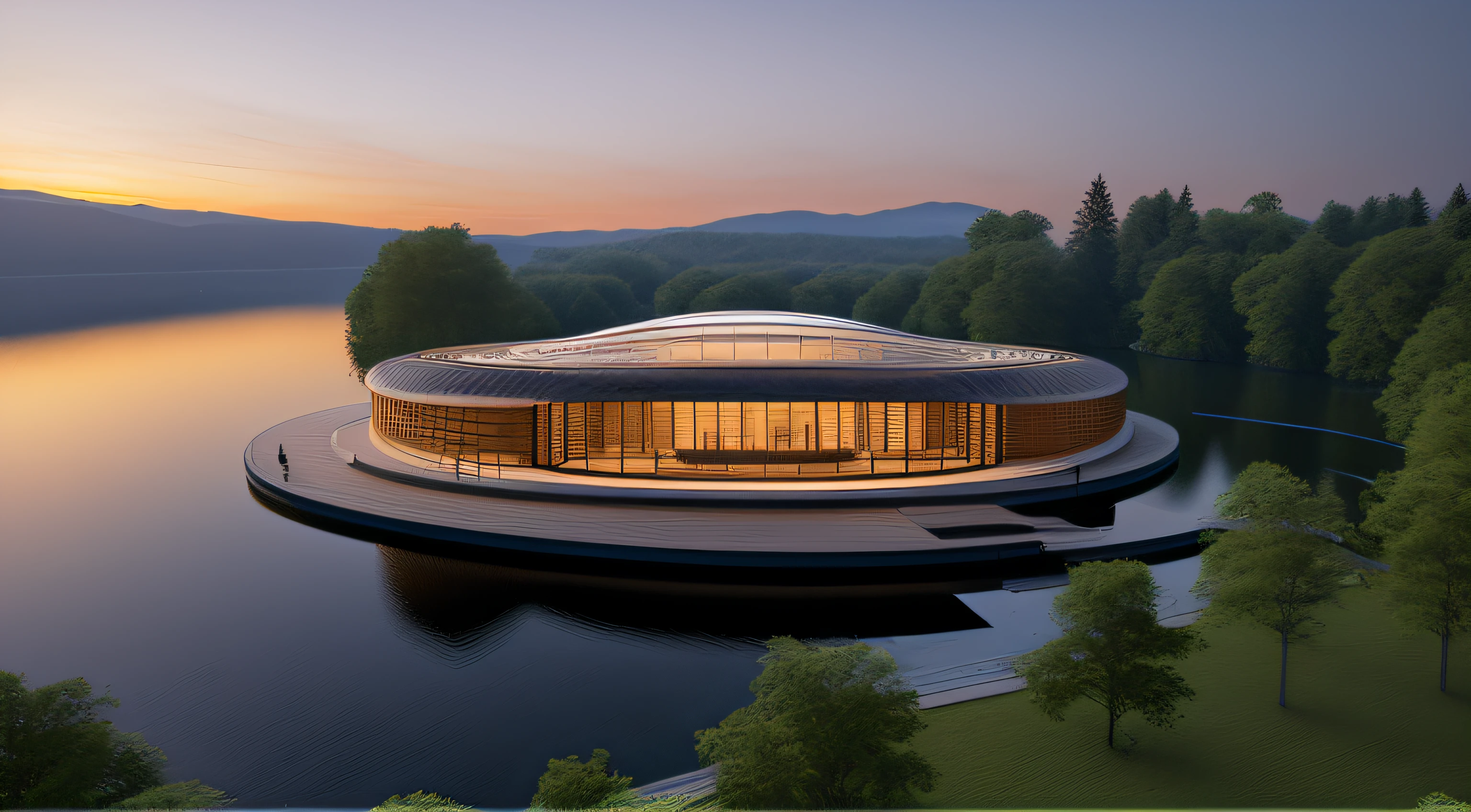 An oval middle openwork building in the middle of the lake,Wooden structure,wooden cabin,high quality rendering, stunning render, lumion rendering, breath-taking rendering, archviz, photoreal render, lumion render, high quality rendering, Realistic rendering, building rendering, architectural render, stunning 3 d render, stunning 3 d render, beautifully detailed render, very high detail