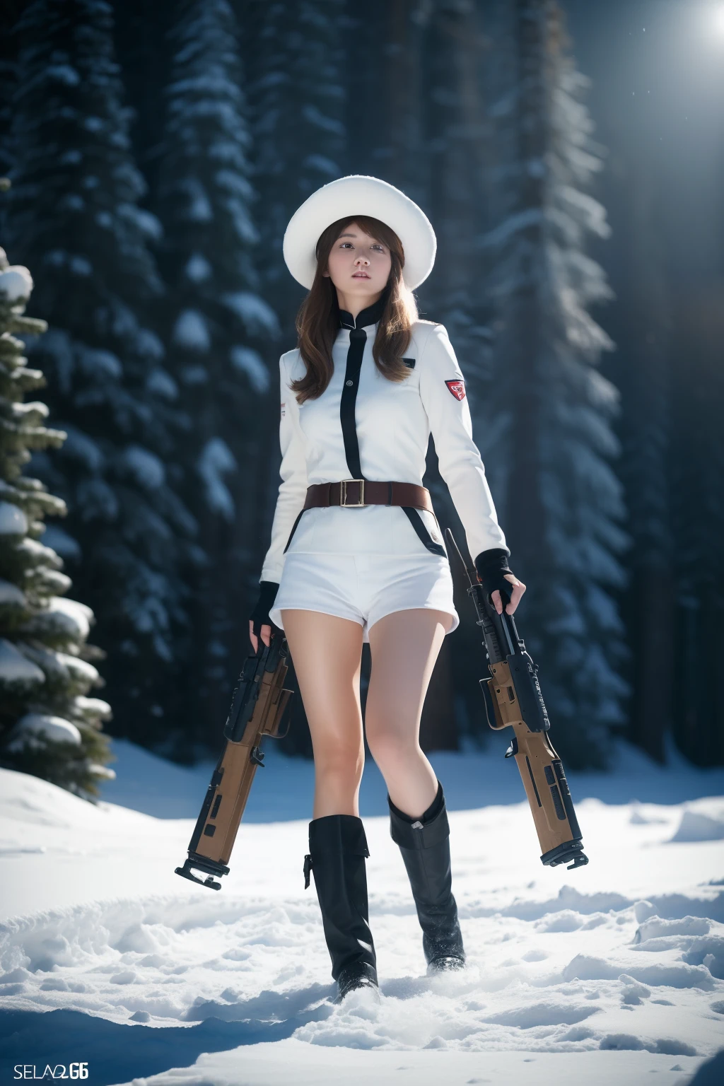 8k.,((masterpiece: 1.2, best quality)),movie,official art,promotional art,movie wallpaper, A blonde German girl ，Red lips, delicate features, pretty face, white hat, white uniform, white tight shorts, uggs, 188-tall, slim build, full chest, revealing thighs, exposing thighs, in a low angle shot holding a gun in the snow, engaged in a winter battle. Captured in a cinematic style, the scene includes multiple female soldiers armed with rifles on the frontline. The image is taken in an otherworldly fantasy realm. The color temperature is cool with a slight blue tint, conveying a sense of coldness and tension. The lighting is dramatic with harsh shadows and highlights, highlighting ， Shot with a Sony A7R IV camera using an aperture of f/2.8, ISO 1600, and a shutter speed of 1/200 sec. UHD dtm HDR 8k.