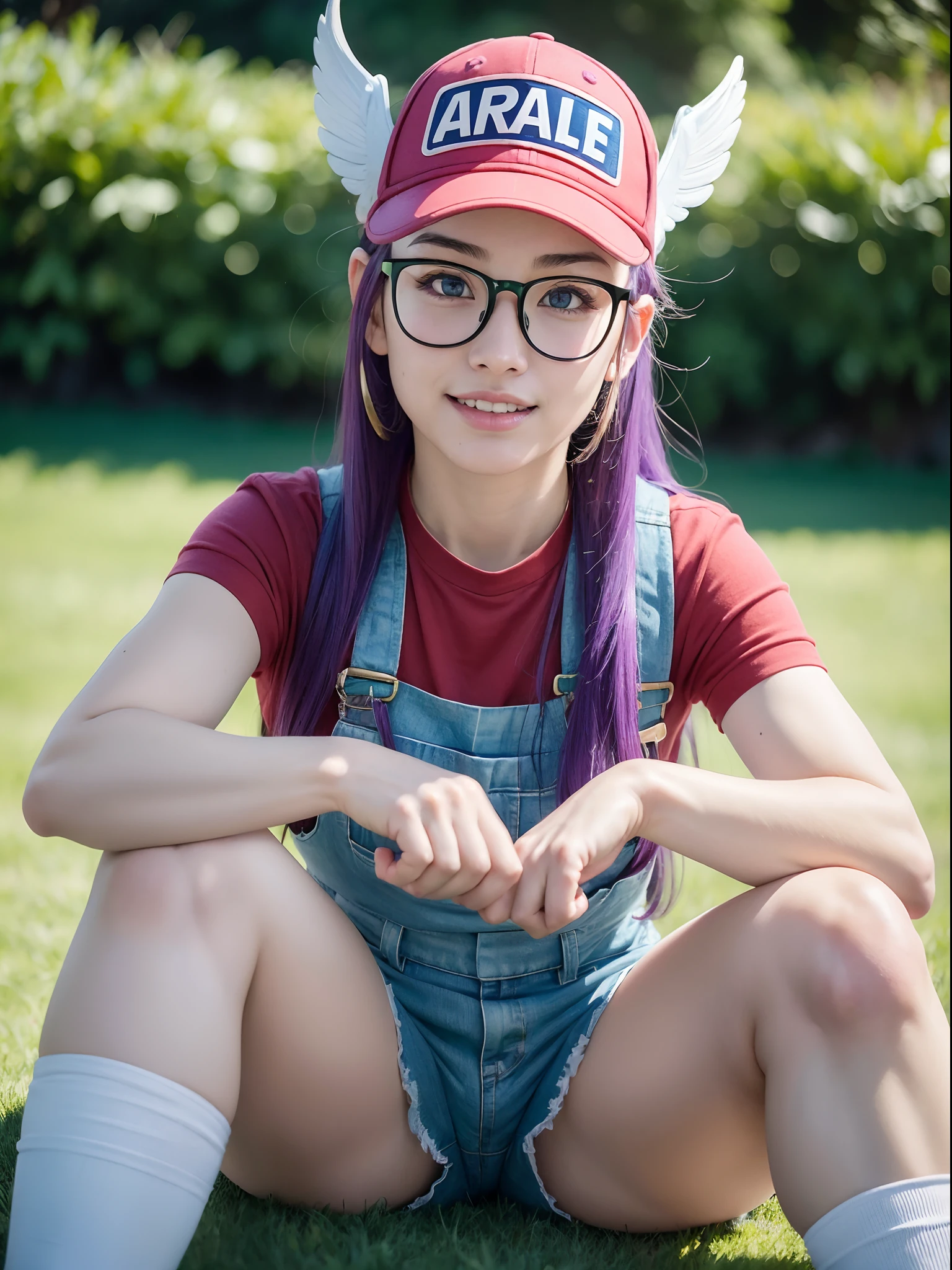 (masterpiece, best quality:1.4), (siting at the grass:1.5) (dynamic pose:1), 1girl, solo, (european youth:1), arale, glasses, blue eyes, long hair, purple hair, short sleeves, wing hat, red cap, (with the word "ARALE":1), (wing cap:1.5), red shirt, blue overalls, looking at viewer, beautifull smile, beautiful face, highly detailed face, highly detailed eyes, highly detailed skin, skin pores, subsurface scattering, realistic pupils, full face blush, full lips, detailed background, depth of field, volumetric lighting, sharp focus, absurdres, realistic proportions, good anatomy, (realistic, hyperrealistic:1.4), 16k hdr,