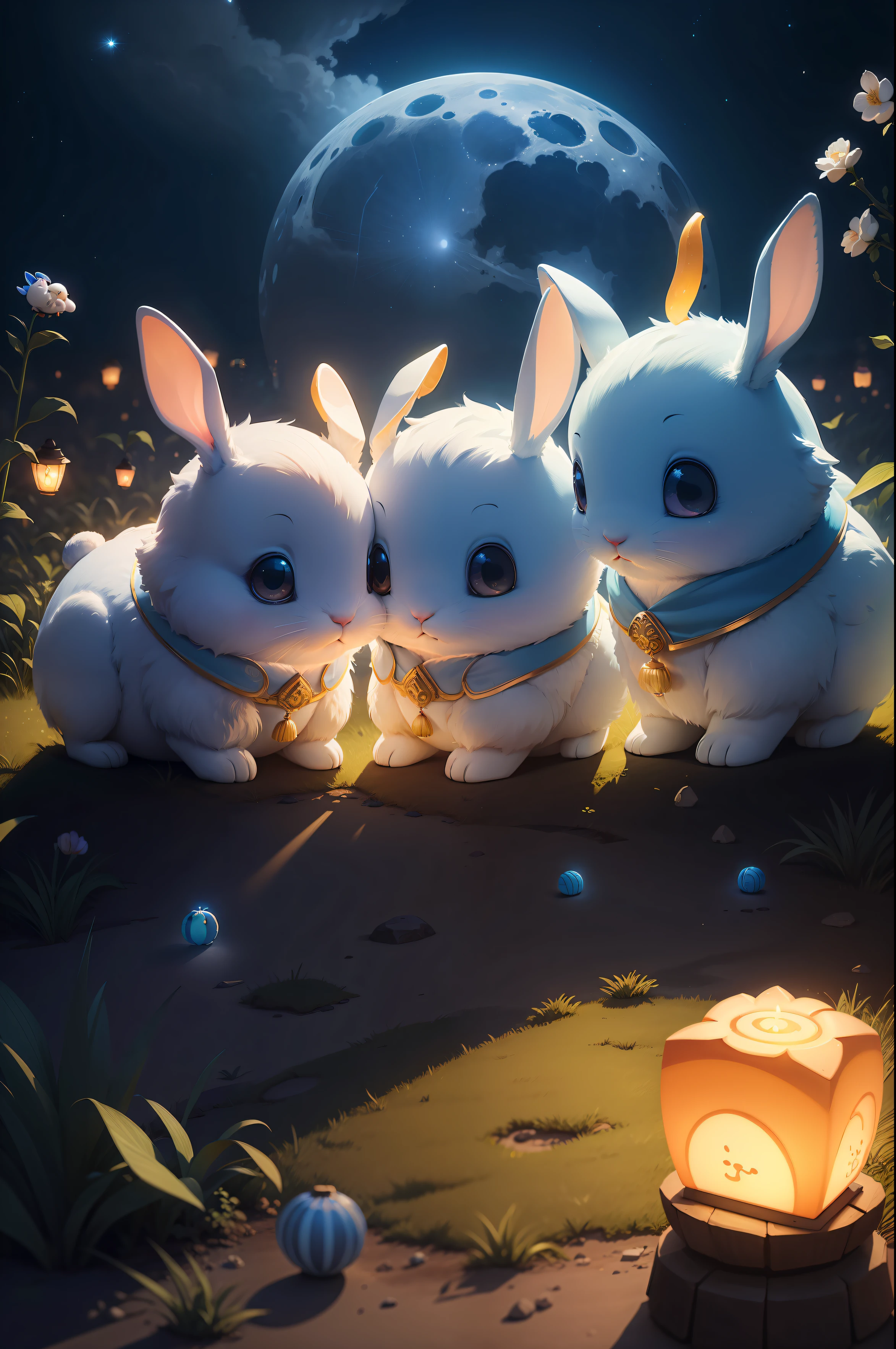 1 The great moon hangs above the sky,Under the light blue beautiful night sky, There are 3 cute rabbits eating mooncakes on the grass,There are glowing fireflies in the sky,There are glowing lanterns on the ground。The illustration is a high-definition illustration in 4K resolution,With very detailed visuals。