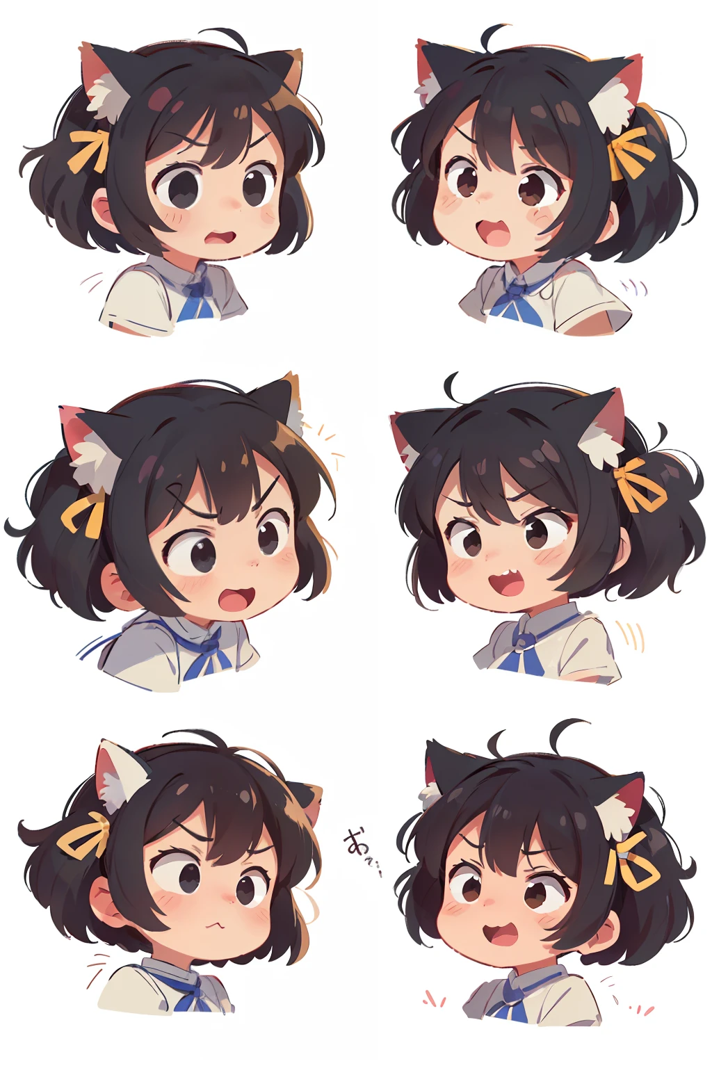 A super cute cat, a variety of rich expressions, happy, sad, angry, expectant, excited, excited, laughing, disappointed, melancholy, anxious, surprised, suspicious, cute eyes, white background, illustration nii 5 style cute, emoji, as an illustration set, line style in Boulder comics, dynamic pose dark white, f/64 group, related characters, old meme kernel multi-pose and emoji, dynamic pose, illustration set, 3x3 format images, Resolution of 240x240 pixels, no overlap between equal spacing between elements, old memo core, chalk thick line cartoon style, two views of the image, i.e. the main view. Side view on white background, pictures from different angles  --ar 1:1   --q 1  --niji 5