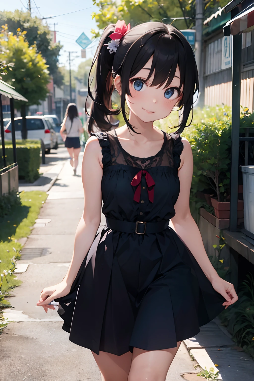 Young Woman, A dark-haired、length hair、, poneyTail、Blue eyes, Cute colorful dress with laces, Sleeveless、the skirt is short、Magic herbs, Enchanted flower garden, Trees around, Comic Art Style,、A smile、Look、18year old