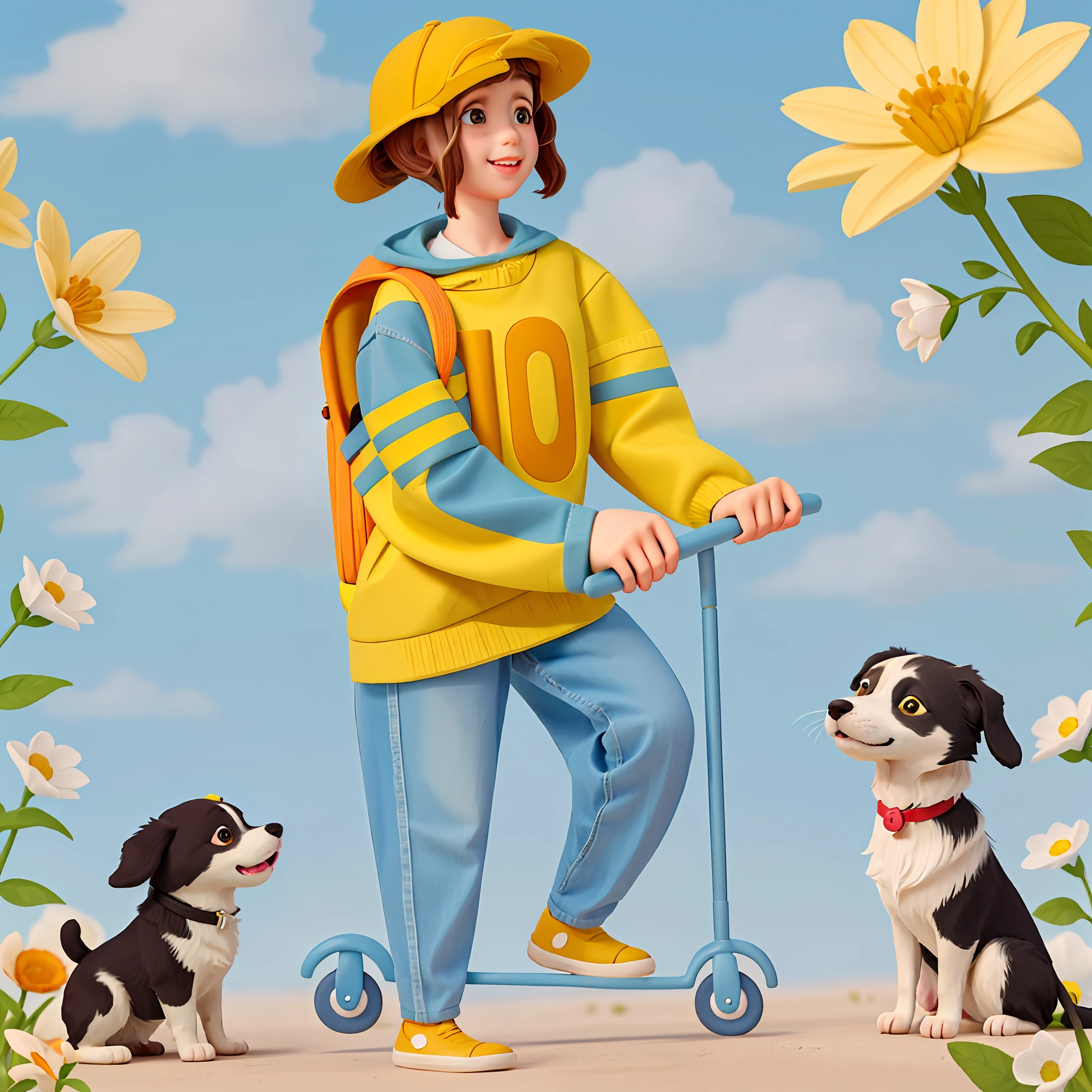 A very charming little girl with a backpack and her cute border collie puppy enjoying a lovely spring outing surrounded by beautiful yellow flowers and nature. The illustration is a high-definition illustration in 4K resolution with highly detailed facial features and cartoon-style visuals.