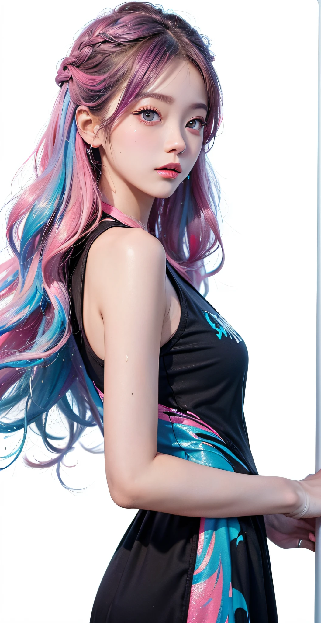 （tmasterpiece、best qualtiy、A high resolution），white backgrounid，Acrylic paints，（（splash of color，Splash ink、Color splattering）），Sweet Chinese girl，light blue long hair，[light blues|Pink big breasts]the hair，curlies，glitters，Pink lips，Outfit in black，frontage，The upper part of the body