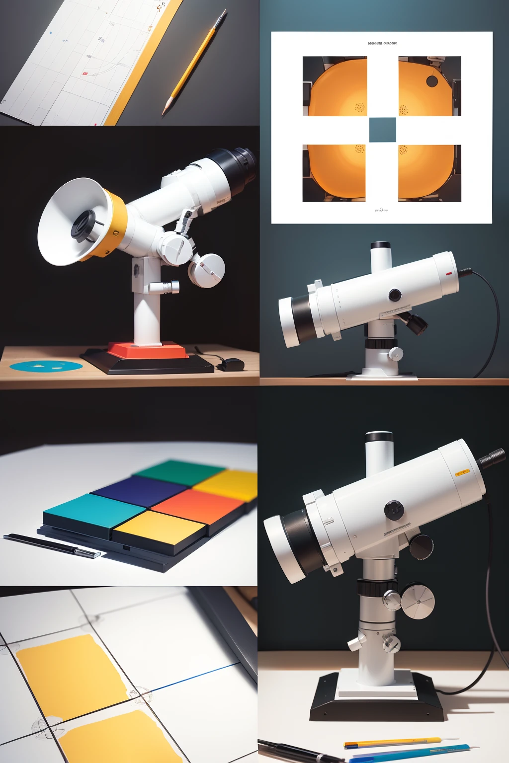The microscope is combined with a drawing board,Paint board on top,The microscope is below,background whites,Bright colors,The overall structure is simple,Multiple combinations of cylindrical squares,The whole is soft and rounded,plethora of colors,Red, blue, yellow, green