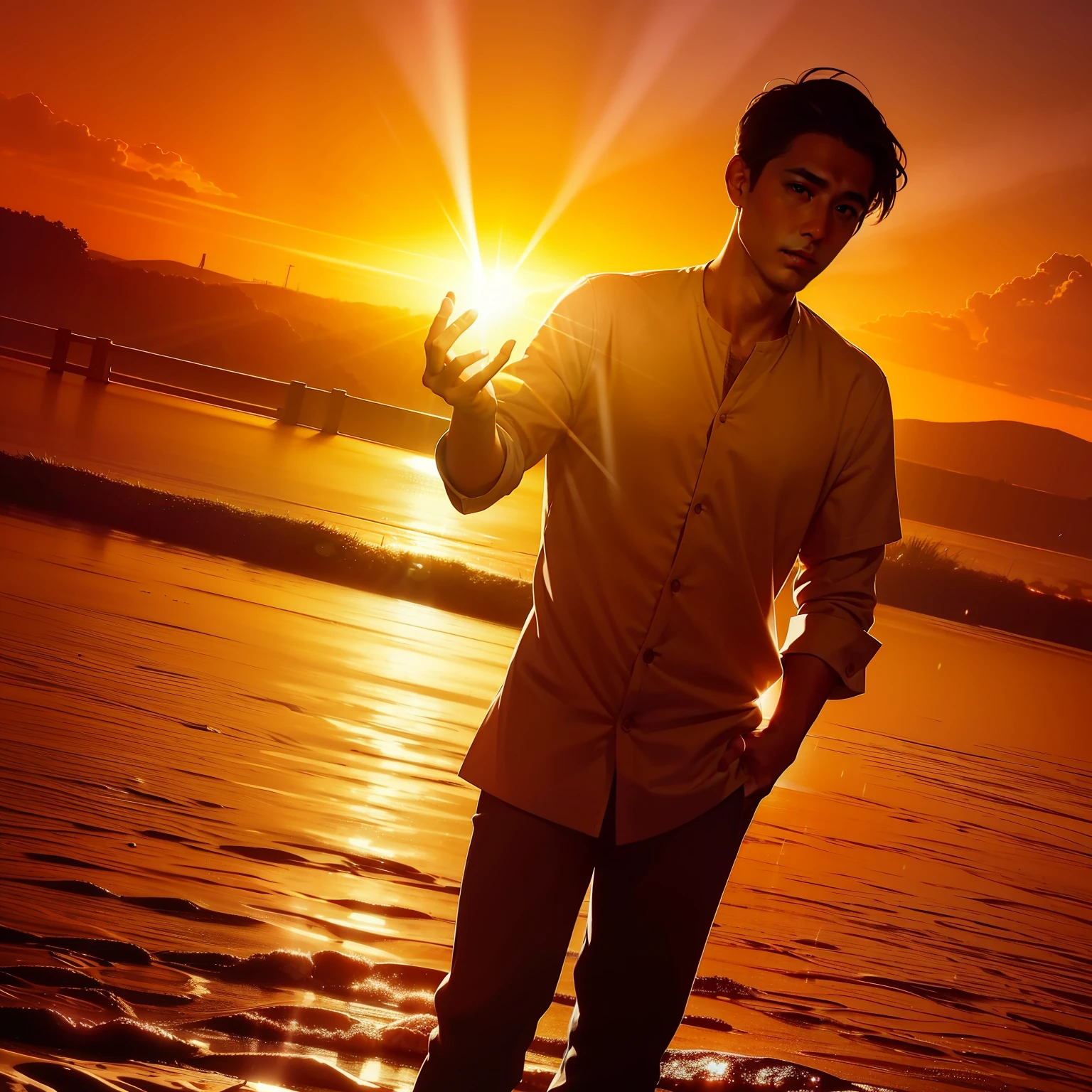 there is a man holding out his hand with a glowing object in the sky, with sunset, during sunset, at evening during rain, with backdrop of god rays, during sunrise, during a sunset, with a sunset, at a beautiful sunset, taken at golden hour, sunset photo, during golden hour, at sunrise, cinematic shoot, the sun up on the sky is strong