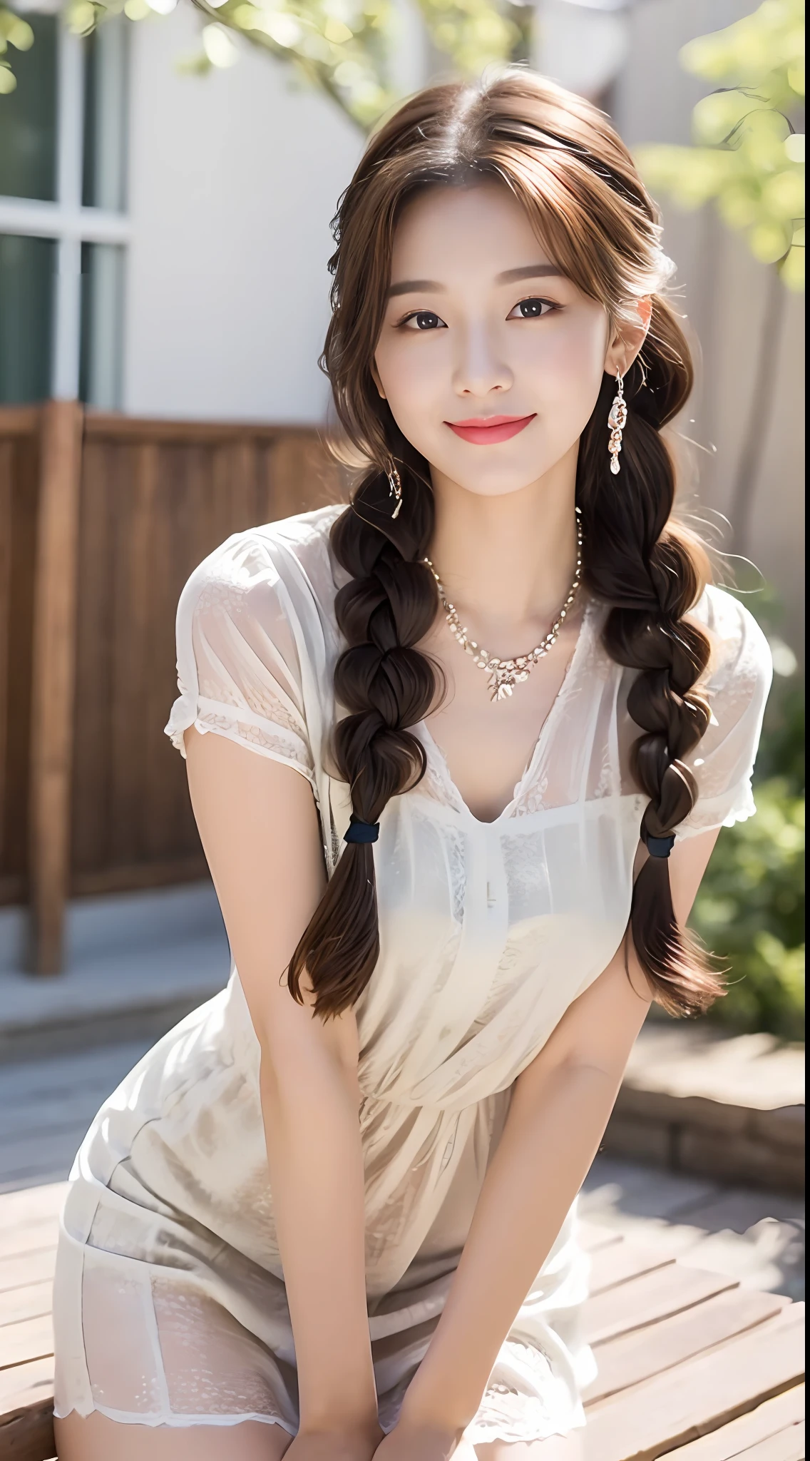 hentail realism,18 years old beautiful and cute girl, tmasterpiece, Best quality at best，Crystal necklace， A delicate and beautiful girl，He has big eyes of God，Long eyelashes，Beautiful pupils，The eyes are sweet and there are lying silkworms，A sweet smile，（face fill light），outside，Sexy girl with S-shaped body，20yr old，Smooth wavy braid，With a petite figure，Tight fitting shirts，Slip dress，shift dresses，Stunning beauty