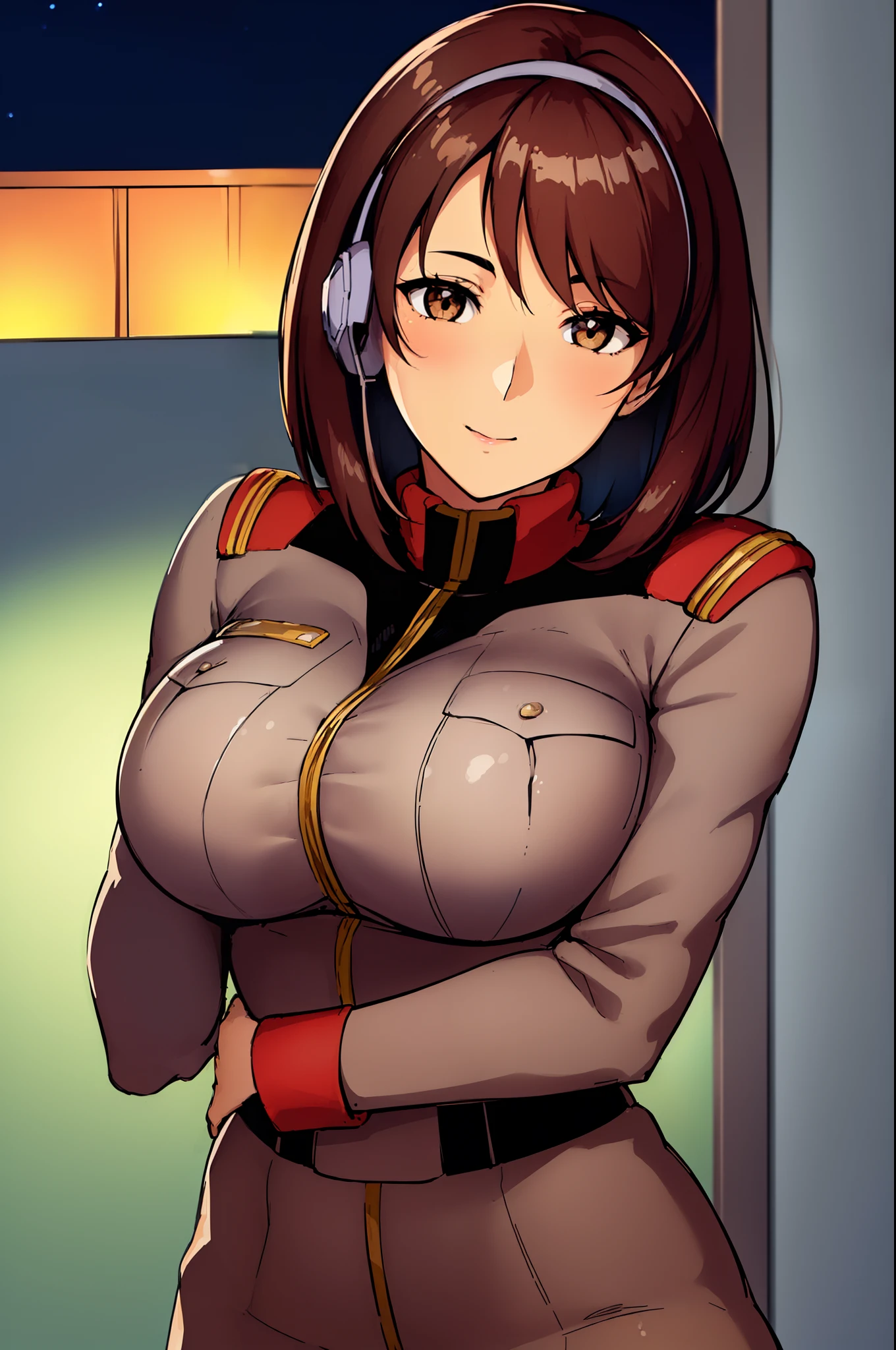 (Night:1.7), Japan, Tokyo, CityView, Before Window,(Close-Up),(upper_body),
Standing at attention,in a room with a wall and a door behind her,upper body,
military uniform, 
 brown hair,brown eyes,short hair,headphone,
1 girl, 24yo,mature female,Beautiful Finger,Beautiful long legs,Beautiful body,Beautiful Nose,Beautiful character design, perfect eyes, perfect face,
looking at viewer, in the center of the image,
NSFW,official art,extremely detailed CG unity 8k wallpaper, perfect lighting,Colorful, Bright_Front_face_Lighting,
(masterpiece:1.0),(best_quality:1.0), ultra high res,4K,ultra-detailed,
photography, 8K, HDR, highres, absurdres:1.2, Kodak portra 400, film grain, blurry background, bokeh:1.2, lens flare, (vibrant_color:1.2)
(Beautiful,large_Breasts:1.4), (beautiful_face:1.5),(narrow_waist),