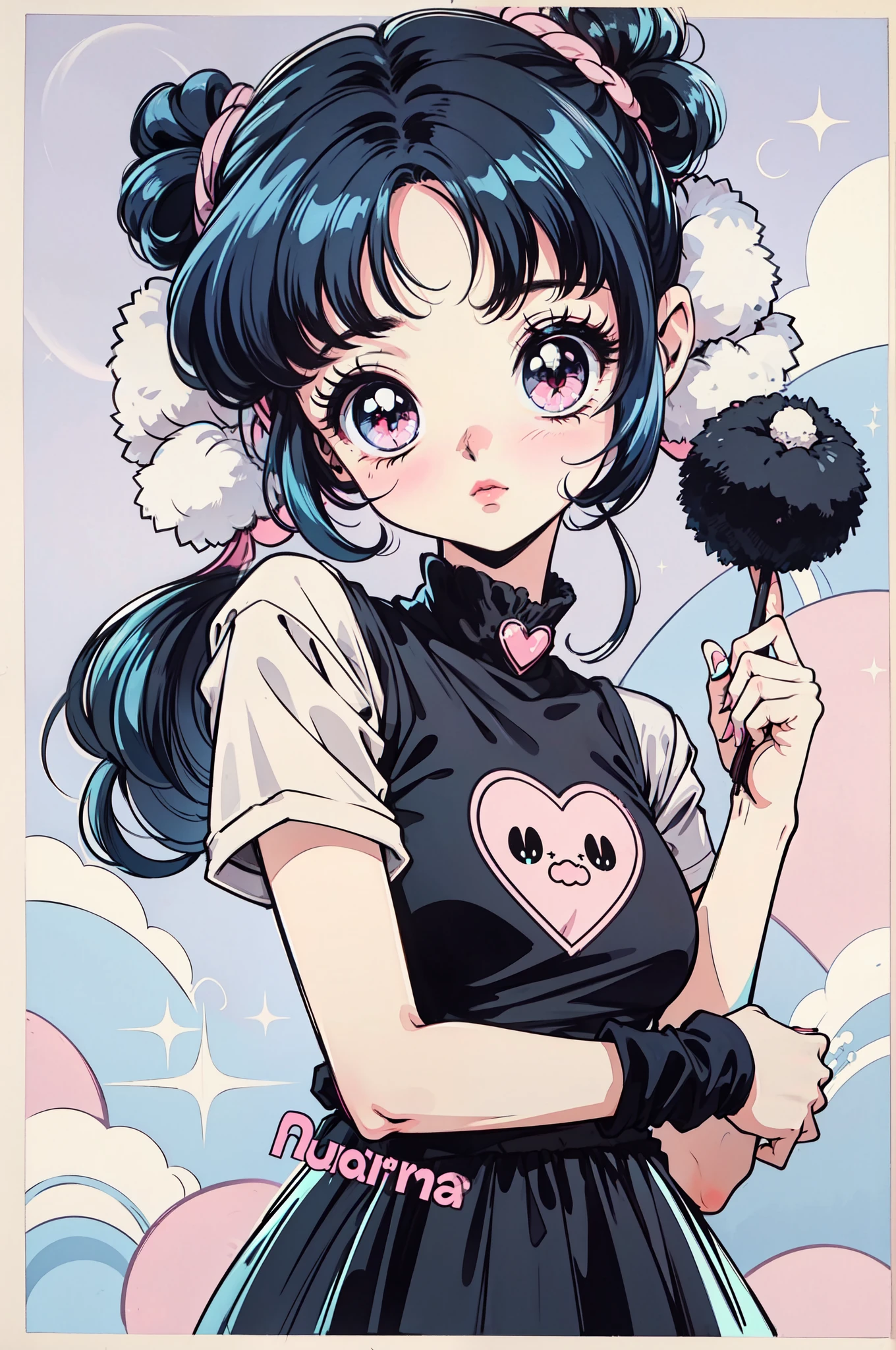 masterpiece, best quality, masterpiece, (1girl),solo, blue hair, long pigtails with (pompom), bunny ears in black, bunny outfit, pink eyes, tshirt, heart eyes, sparkles