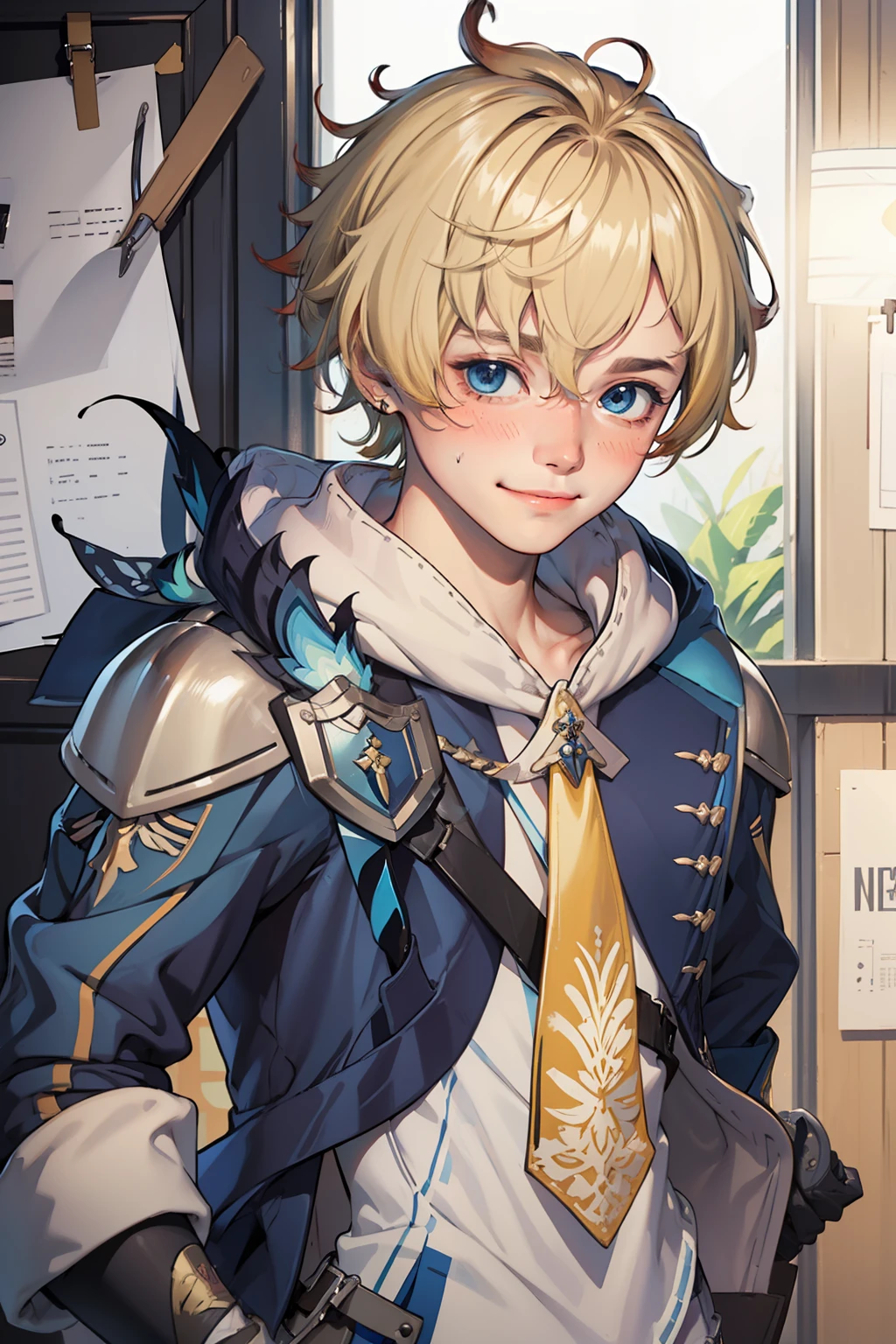 (masterpiece), (best quality), (ultra detailed),(disheveled hair),(illustration), (1boy), short blond hair, blue jacket, blushing, shy smile