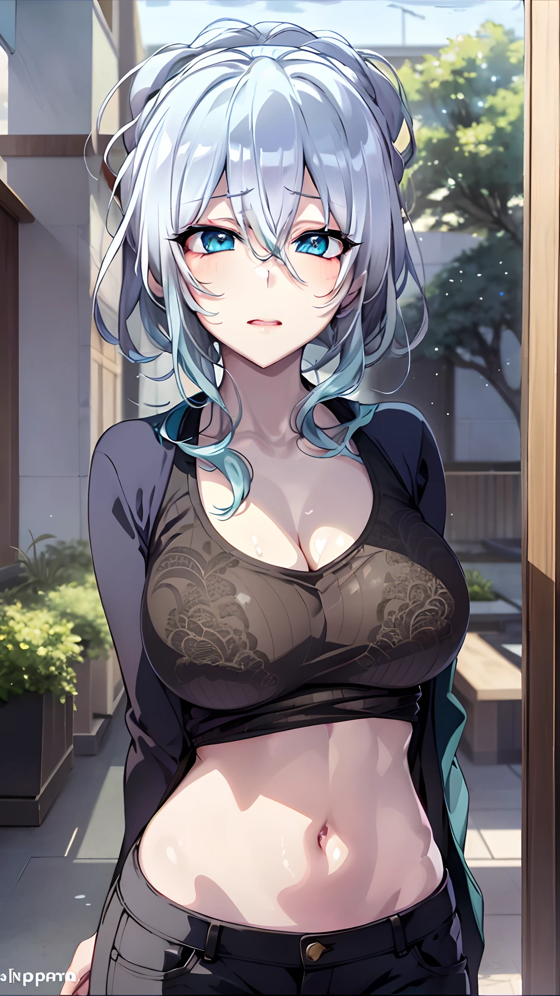 Yukino, in schoop, silver hair and blue eyes, short hair, black shirt and no bra, anime visual of a cute girl, screenshot from the anime film, & her expression is solemn, in the anime film, in an anime, anime visual of a young woman, she has a cute expressive face, still from anime, big breast, red cheek, lustful face, fair skin