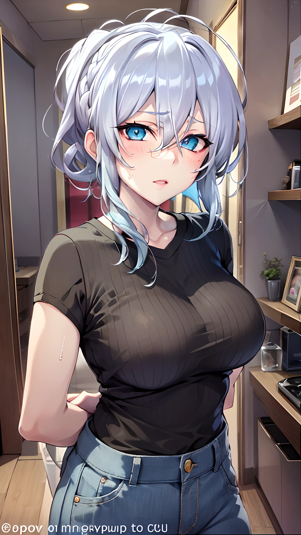 Yukino, in schoop, silver hair and blue eyes, short hair, black shirt and no bra, anime visual of a cute girl, screenshot from the anime film, & her expression is solemn, in the anime film, in an anime, anime visual of a young woman, she has a cute expressive face, still from anime, big breast, red cheek, lustful face, fair skin