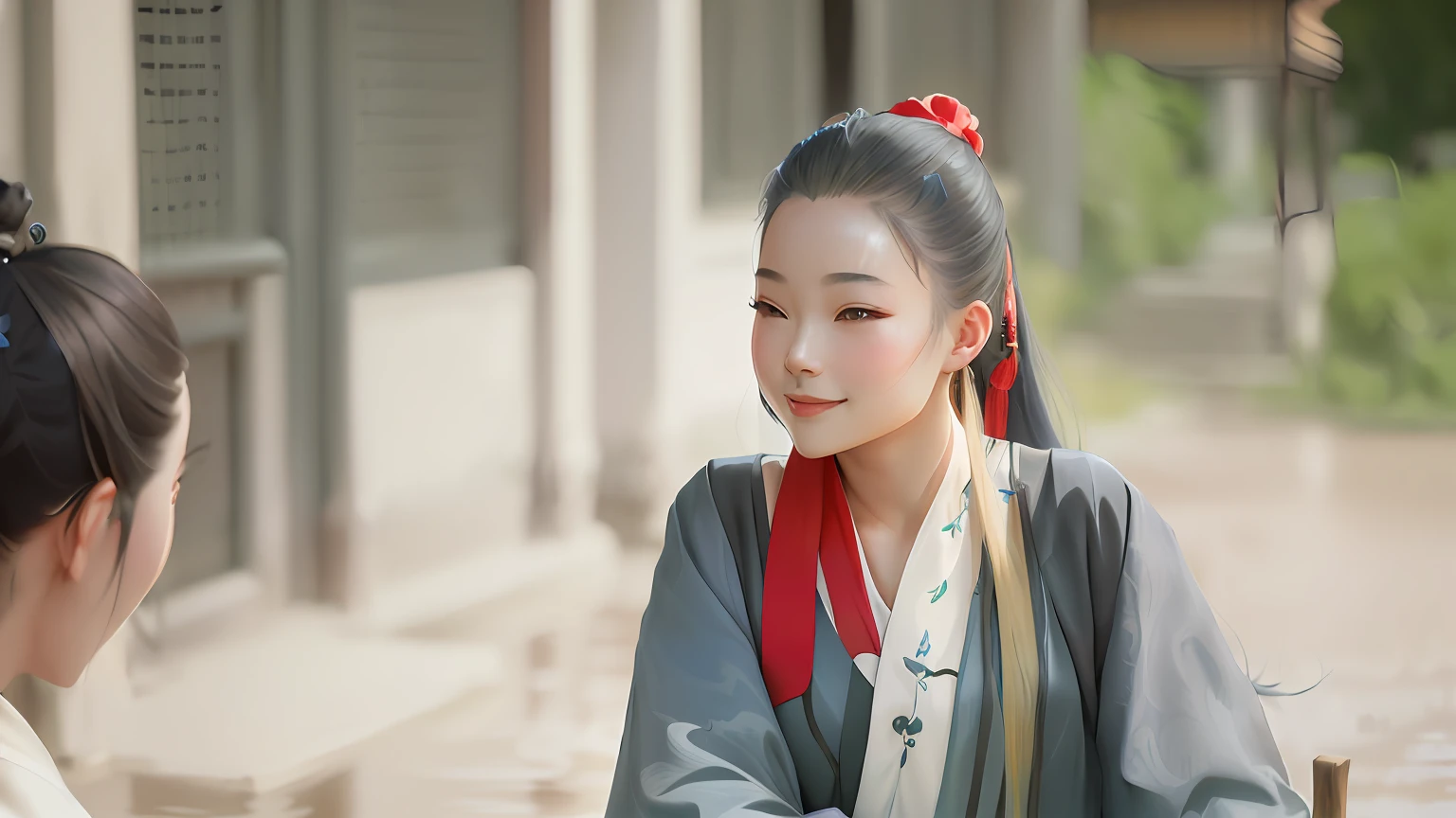 ((4k,masterpiece,best quality)), shuimobysim, traditional chinese ink painting, lotus, hanfu, maxiskit, dress conservatively 1girl, solo, long blue hair, smile, standing, feet in the water, barefoot,