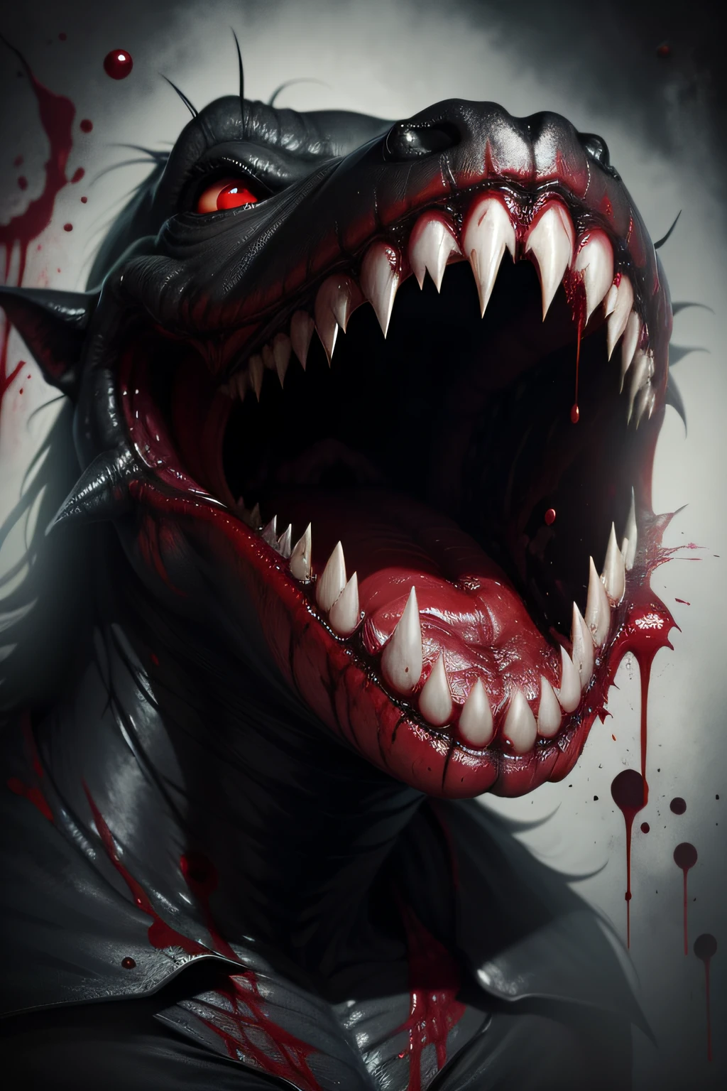 darkly，horror theme，Large mouth of blood，Black inside the mouth，Covered with fangs