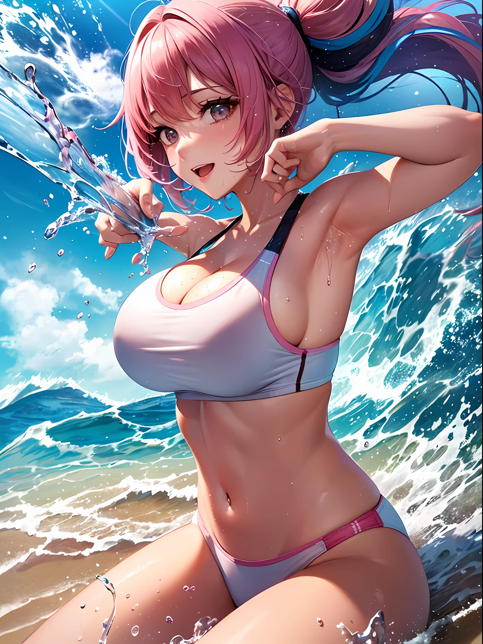 (top-quality: 1.3)、(​masterpiece: 1.3)、(The ultra-detailliert: 1.3)、(wall-paper, one girls)、([Diamonds: 1.3|The eye]:1.2)、Beach volleyball players、(Perfect white sports bra:1.3)、(Pink swimsuit pants:1.3)、(Pink hair:1.3)、a short bob、(Beautiful Large Breasts:1.3)、Beach、Beach volleyball court、ssmile、sexypose、Frolicking at the water's edge、playing with water、The body is dripping wet、The swimsuit is wet、Hair is wet