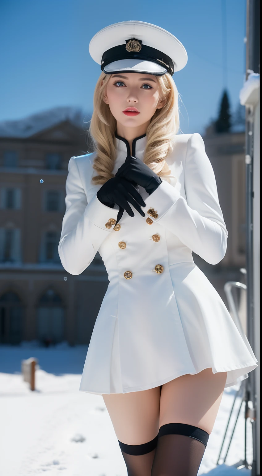 8K.,((Masterpiece: 1.2, Best quality)),Movie,offcial art,promotional art,movie wallpapers, A blonde German girl ,Black gloves,Red lips, Exquisite features, Pretty face, White hat, White uniform, White skinny shorts, glitering, 188 - High, slim build, Full chest, exposing thighs, Exposing thighs, Shooting at a low angle with a gun in the snow,The color temperature is cool,Slightly bluish tint, Convey a feeling of indifference and tension. The lighting is dramatic,There are harsh shadows and highlights, The cleavage protrudes , Shot with Sony A7R IV camera,The aperture is f/2.8, ISO 1600, a shutter speed of 1/200th of a second. UHD dtm HDR 8k.