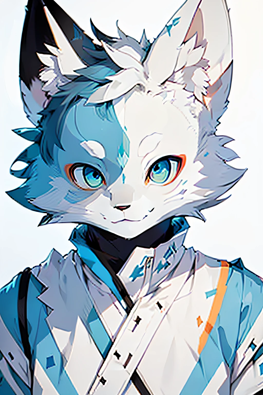 A high resolution，2D lines，White fox，blue color eyes，light  smile，pale blue background，Minimalist logo，Smooth vector illustration，Mono Color