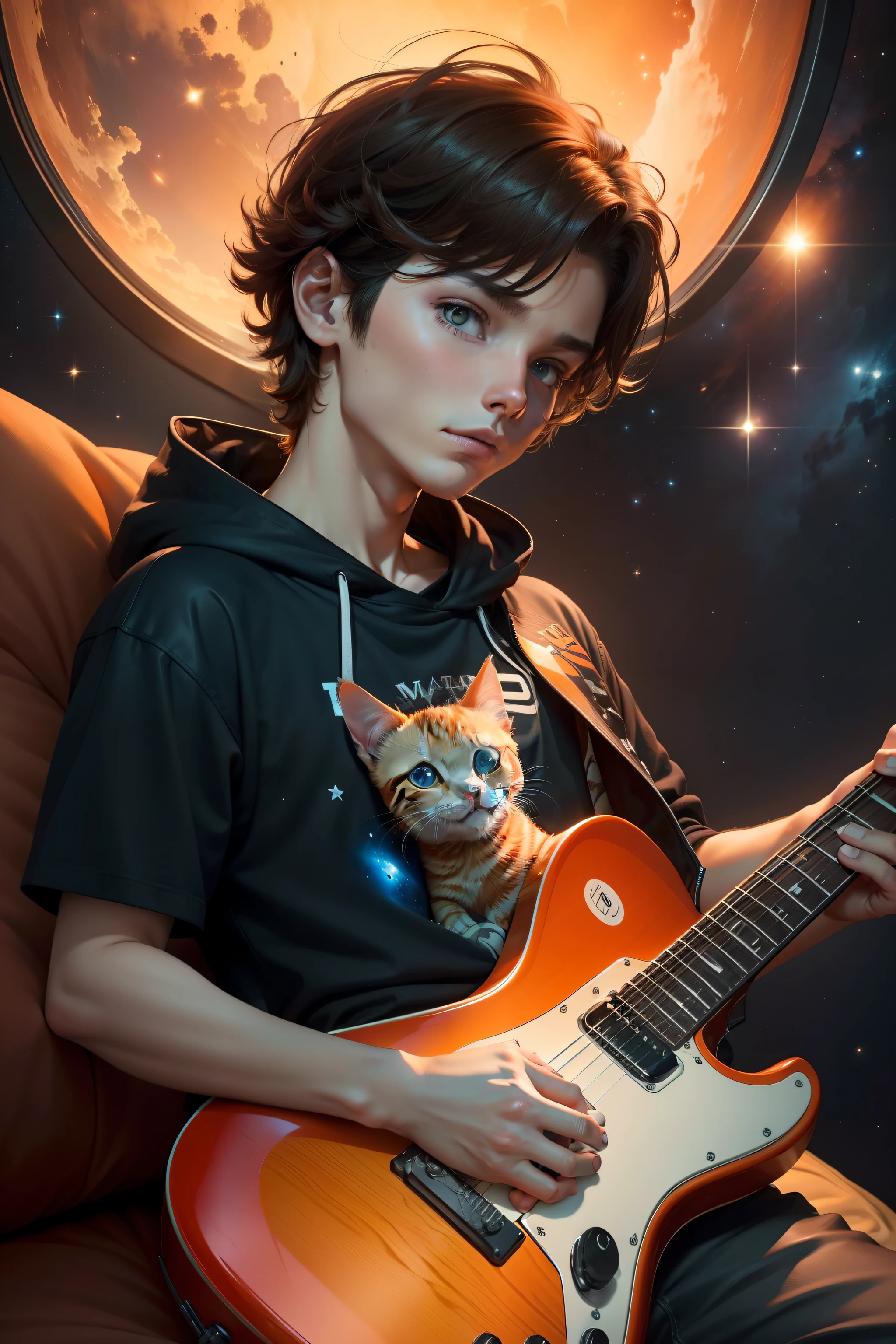 （tmasterpiece，best qualtiy：1.2），ultra fine photos，Boy plays guitar，The orange kitten lies on its stomach，Deep in space