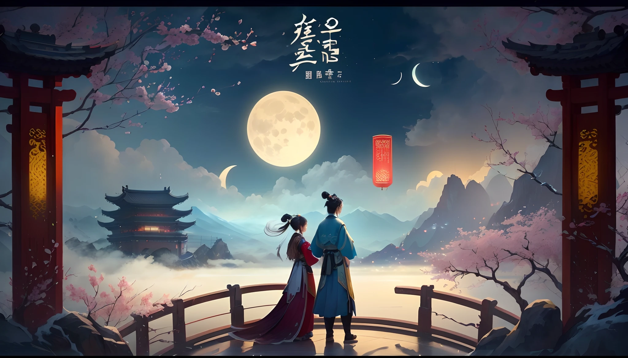 Several people stood on the bridge before the full moon, author:Qu Leilei, trending on cgstation, Chinese fantasy, Middle metaverse, xianxia fantasy, Hanfu, inspired by Chen Daofu, Inspired by Seki Dosheng, Wuxia, ☁🌪🌙👩🏾, by Yang J