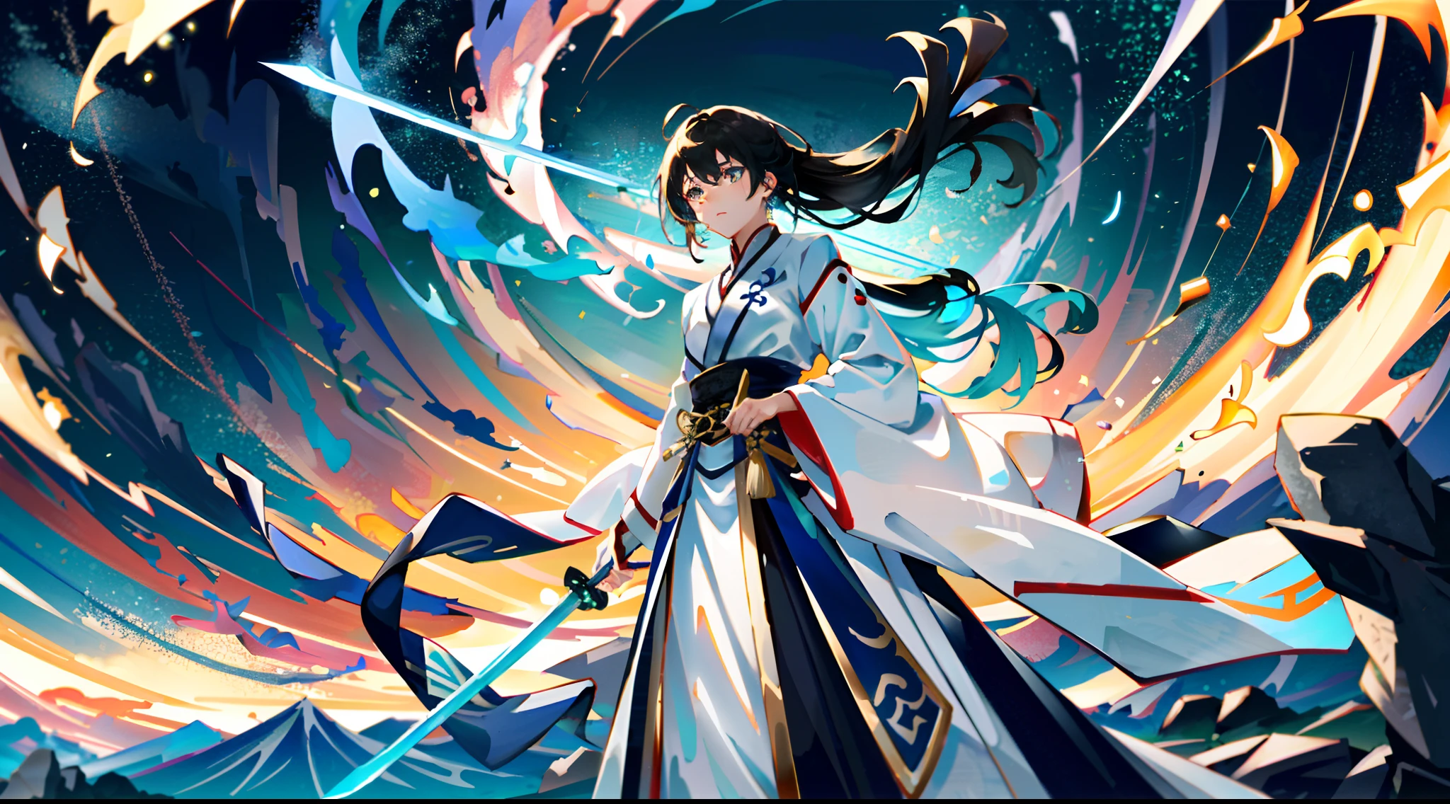 Chinese female swordsman,Wearing white Hanfu,Ancient Chinese Cold Weapon Sword 1.4,Put your feet on the glowing sword, Sky background suspended in bustling city,Swirling cyan glow,Essence Immortal 1.5,Ultra-wide photo,Tyndall effect,Glow effect,Estilo de Makoto Shinkai,Optoelectronic style,Meticulous brushstrokes,Realistic pop music,New School Beast,Knolling,8K,Golden Tornado、Neatly arranged,Fantastic landscape, Floating stones,weeds