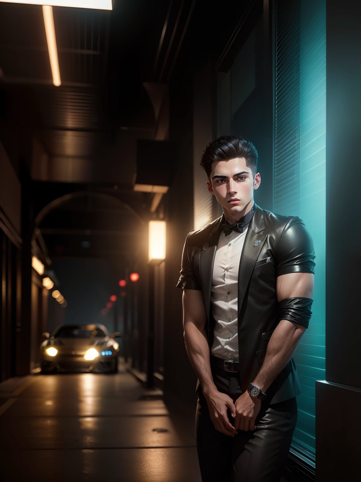 A boy with ultra realistic face, luxury cars, RGB light, change background realistic image, GT Mustang,