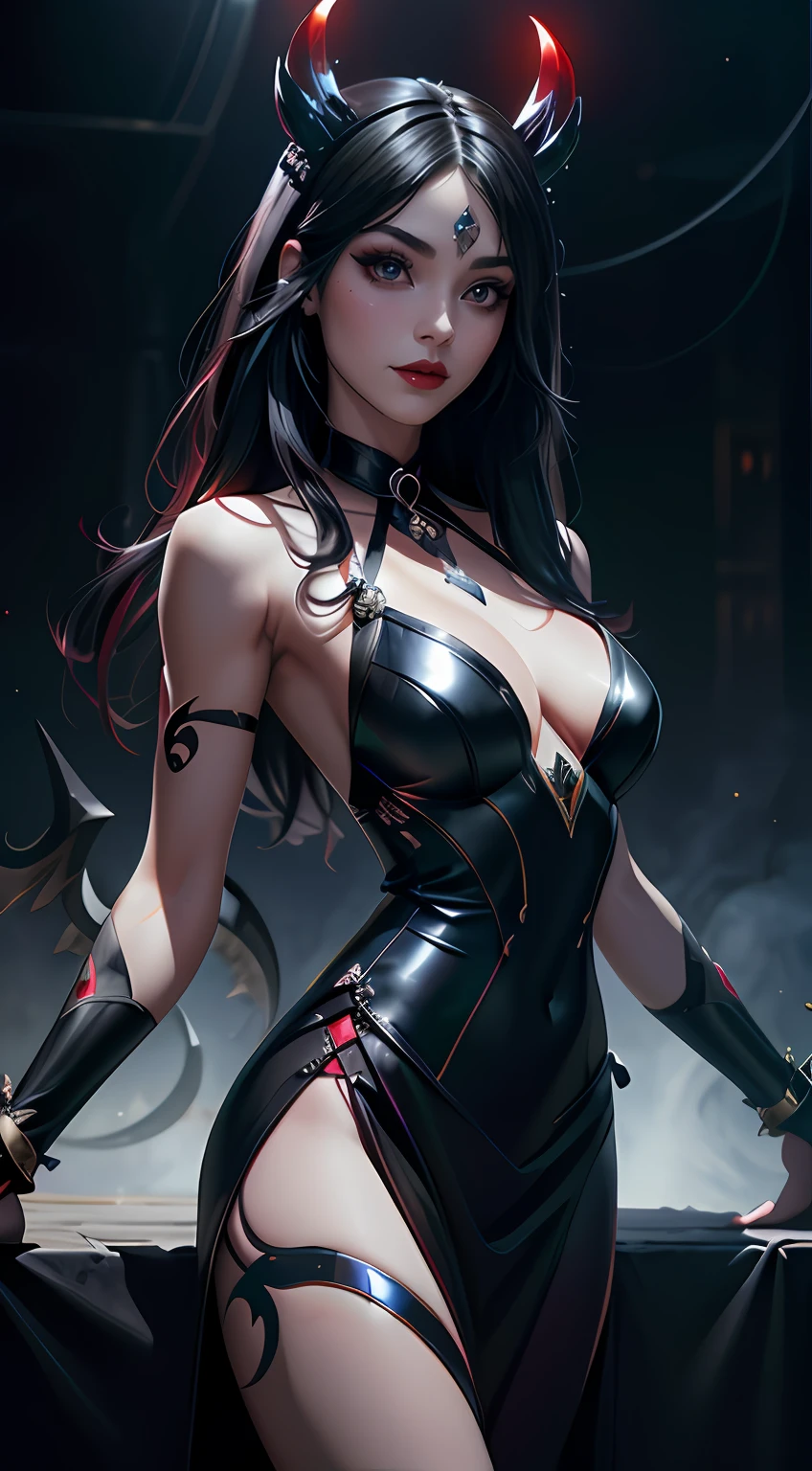 Model: long wavy black hair, full dark lips, black shiny body, Smoky eyes, BREAK, Setting: Room with black color, Broken glass,multicolored neon crystals, BREAK, bodypaint: Polychromatic geometric patterns, Torso cover, Arms and legs, BREAK, Accessories: Chrome-plated chains with torn body, Silver Choker, black feathered white black wings, Naked, Topless, naked body,BREAK, the pose: on a bed, looking forward, truth, Magic, Magic, wolf ears, Wolf, up close, northern lights, spectrum. apaixonado, Dark Elves. 🧘🏻‍♀️👁️⛩️soror 🌬️mystica 🩸✨occult dmt🪬dream 👁️goddess of Love🥀🔑🚪moon, ..key, starry, secret, Heart, 100mm wide-angle lens1 beautiful devil woman from hell, around dark: 1.6), surreal female portrait by David Hockney and Alphonse Mucha, Fantasy art, Korean Doll, photo realism, dinamic lighting, Artstation, Poster, voluminous lighting, Very Detailed Faces, 8k ultra, Awarded, around dark, deep shadow, Discreet key, cowboy lens, (Red phoenix dress: 1.4), hairlong, black  hair, bust, luxury palace,  Royal style, devil's crown, Red-eye makeup is very clear and detailed, The most beautiful face, The breasts are very large, Round & Round, super realistic, chinese women's clothes, polo neckline sweater, Adorable smile, The eyes are very well made up, guweiz, devil style, Wear black mesh socks, Tail with bow, tied at the back of the head,  Red-black lips, Devil tattoo on shoulder, She is dressed in a thin red and black robe, the landscape is overcast and thunderous, (portraite of a), Close-up of main character, (Background details 1.8),