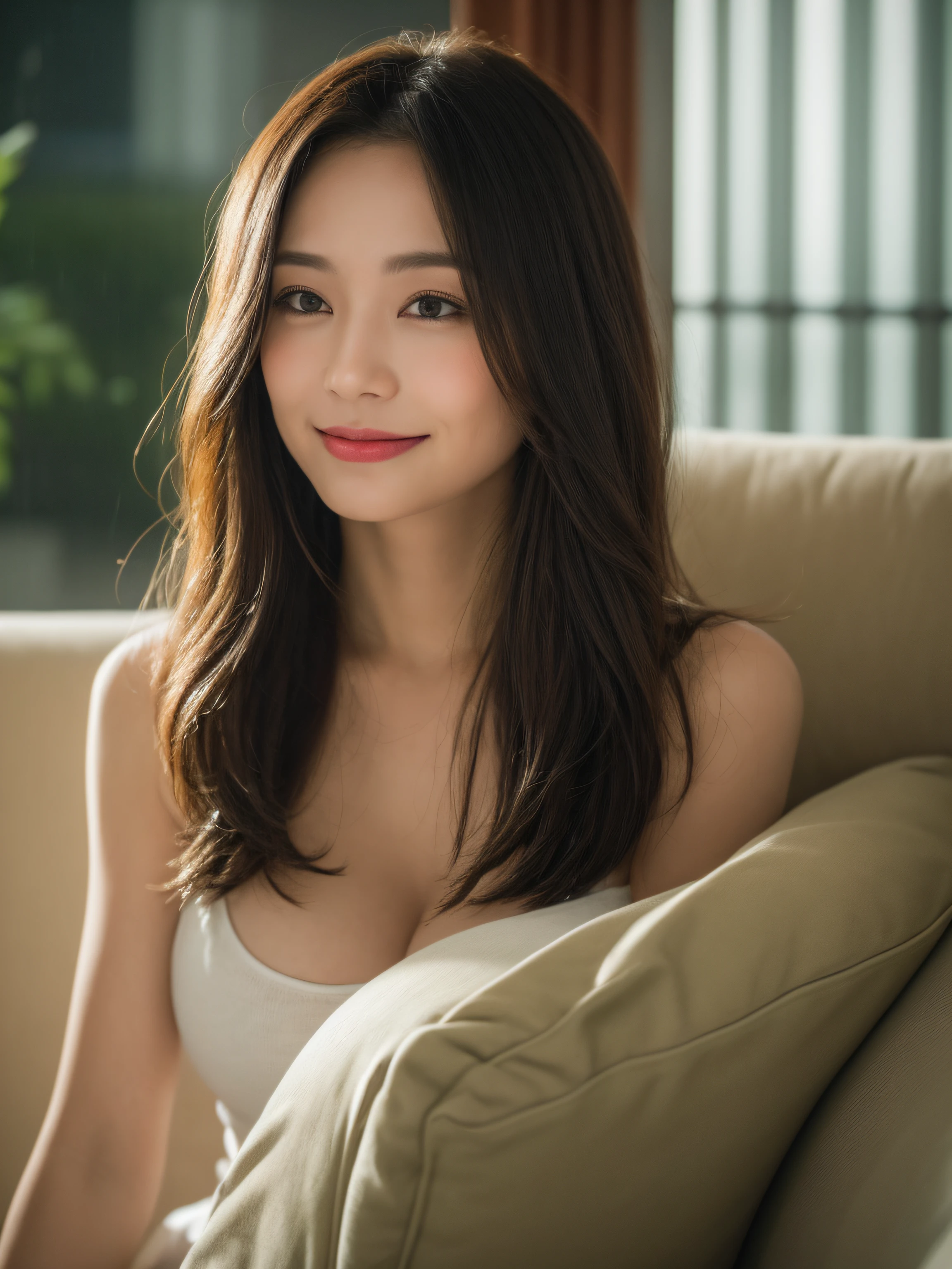 ((Best Quality, 8k, Masterpiece: 1.3)), Focus: 1.2, Perfect Body Beauty: 1.4, Buttocks: 1.2, ((Layered Haircut, Breasts: 1.2)), (Rain, Street: 1.3), Highly detailed face and skin texture, Fine eyes, Double eyelids, Whitened skin, Long hair, (Shut up: 1.3), smile, on the sofa, indoors