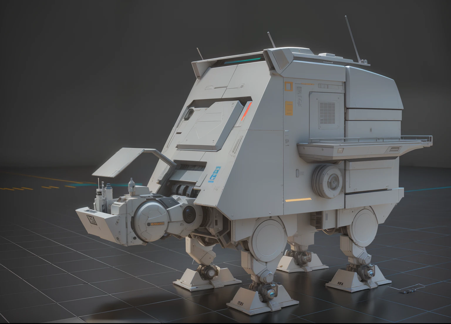 Robot close-up with small object in background, hard surface modeling, 3d modelling, 3 d modelling, hard surface modeling, Kitbash 3D, hard surface model, highly detailed toy, zbrush hard surface, highly detailed model,high - poly, In - St,Cart,A detailed,Add a material,hyper HD,oc rendered,Add loading cart details,Add a touch of life,Science fiction objects,Shipping features,Leg refinement,The function is clear